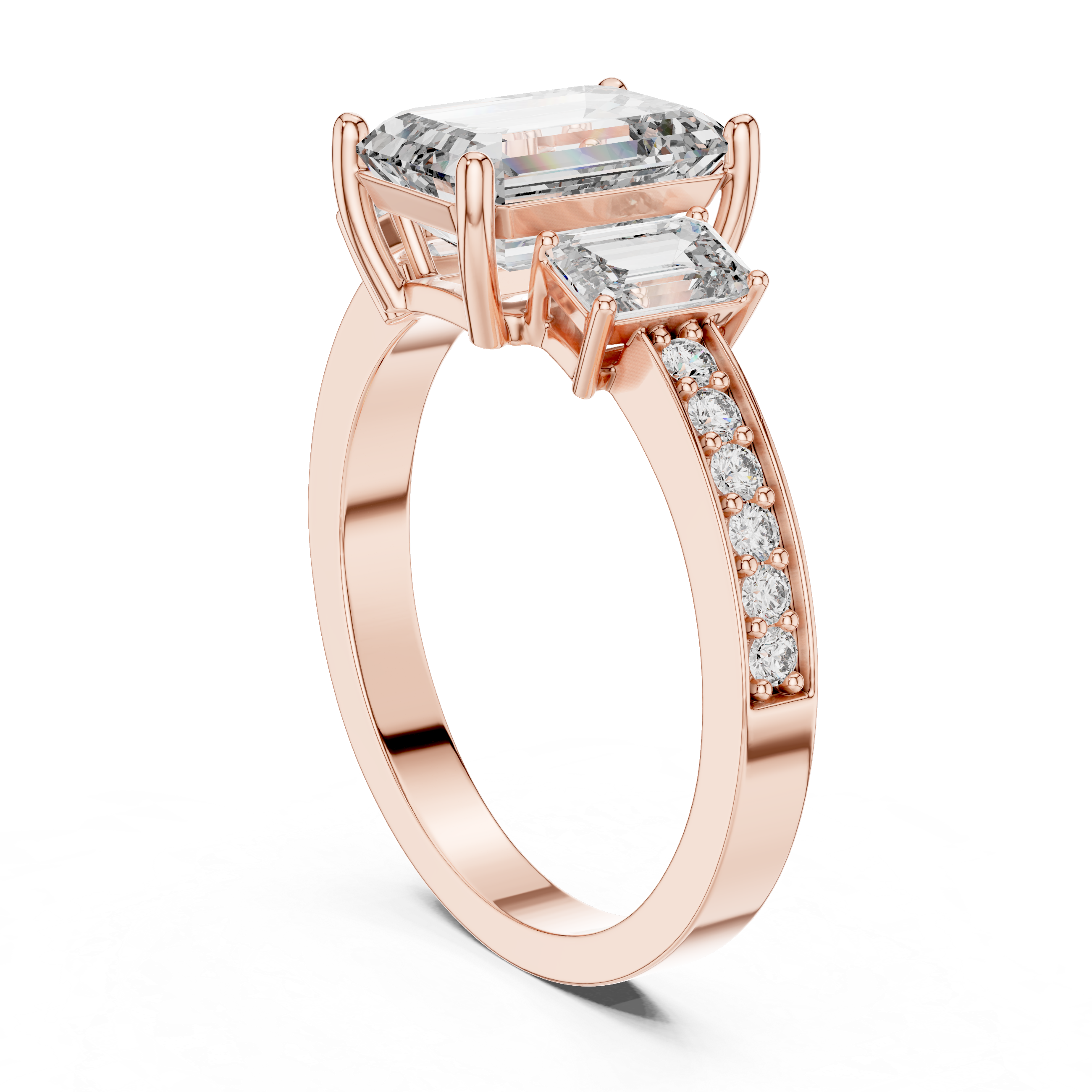 Designer Emerald Cut Diamond Engagement Ring with Diamond Shank