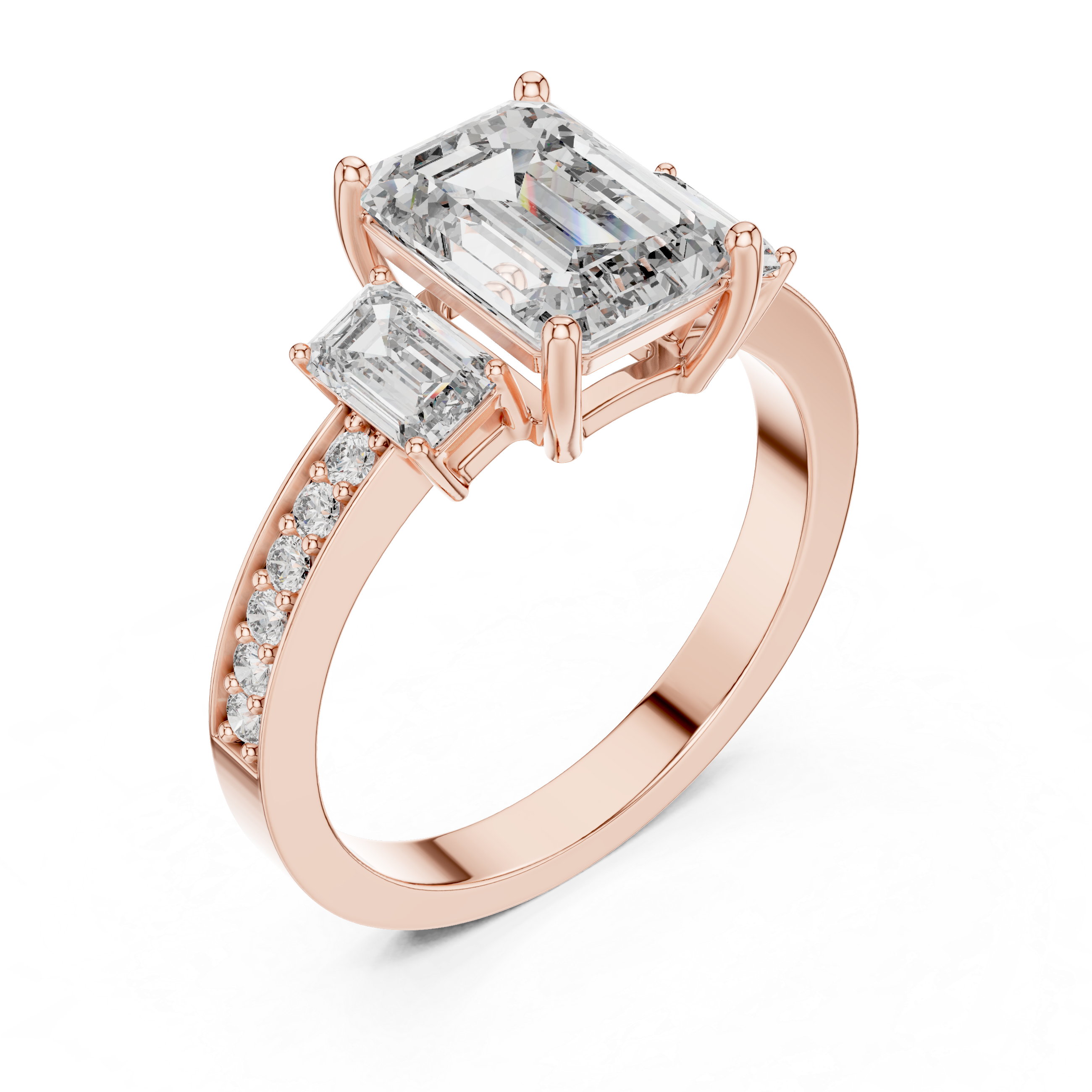 Designer Emerald Cut Diamond Engagement Ring with Diamond Shank