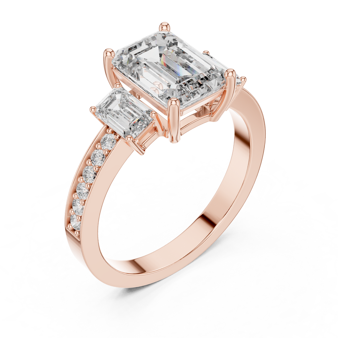 Designer Emerald Cut Diamond Engagement Ring with Diamond Shank