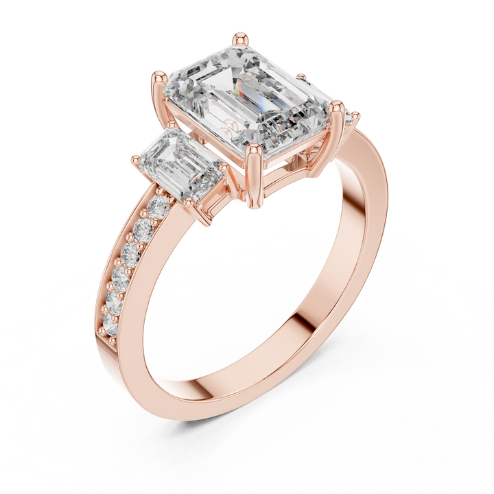 Designer Emerald Cut Diamond Engagement Ring with Diamond Shank