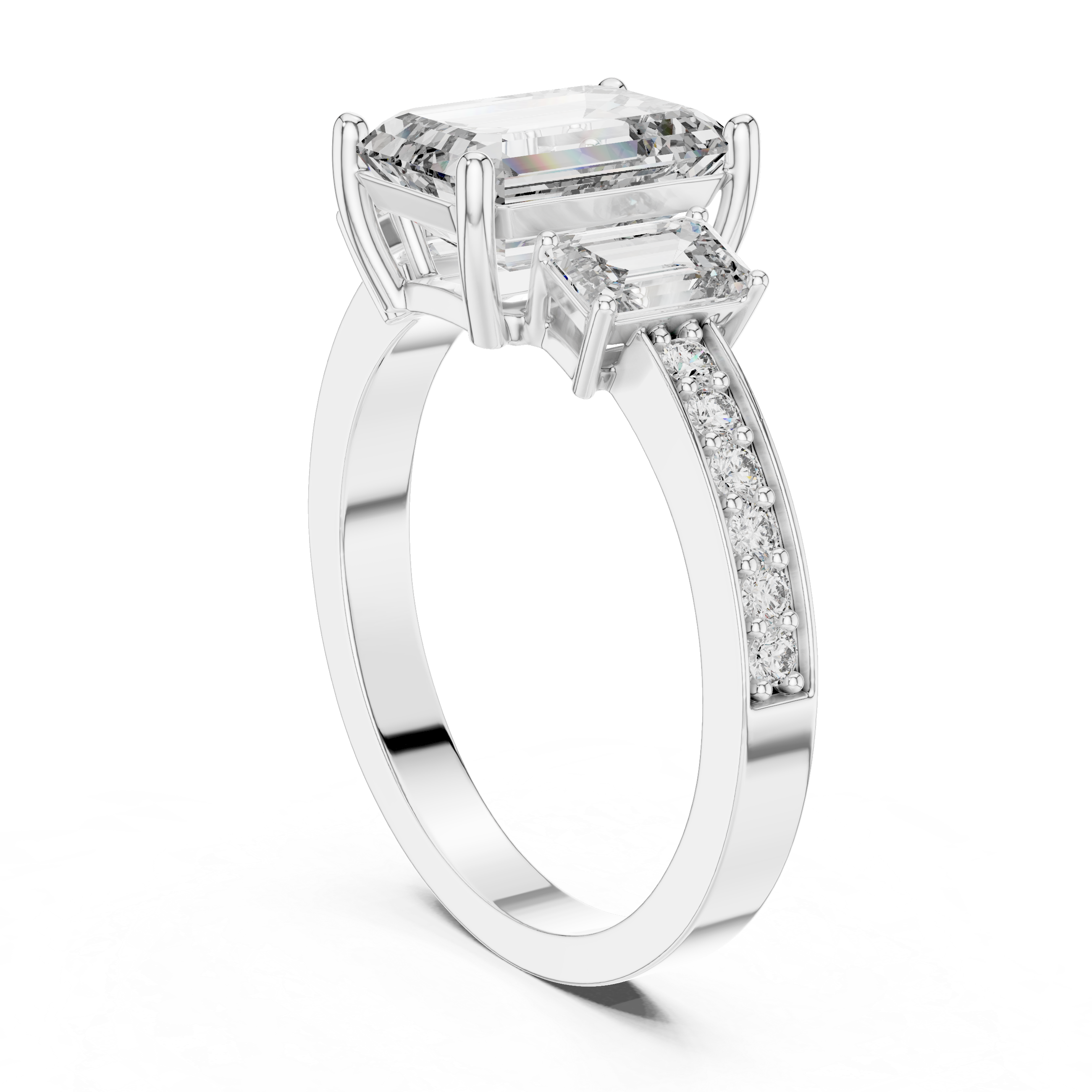 Designer Emerald Cut Diamond Engagement Ring with Diamond Shank