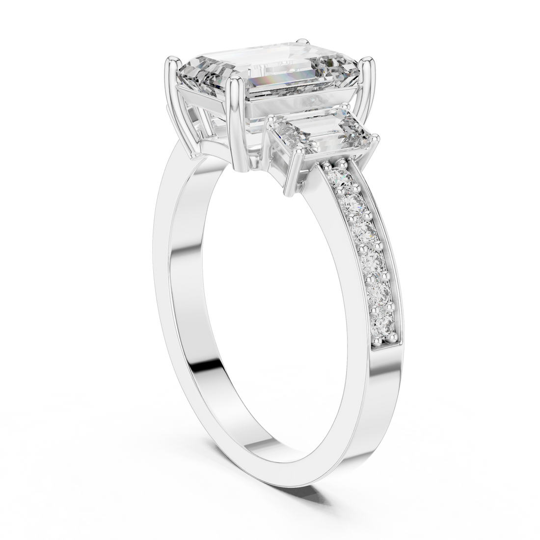 Designer Emerald Cut Diamond Engagement Ring with Diamond Shank