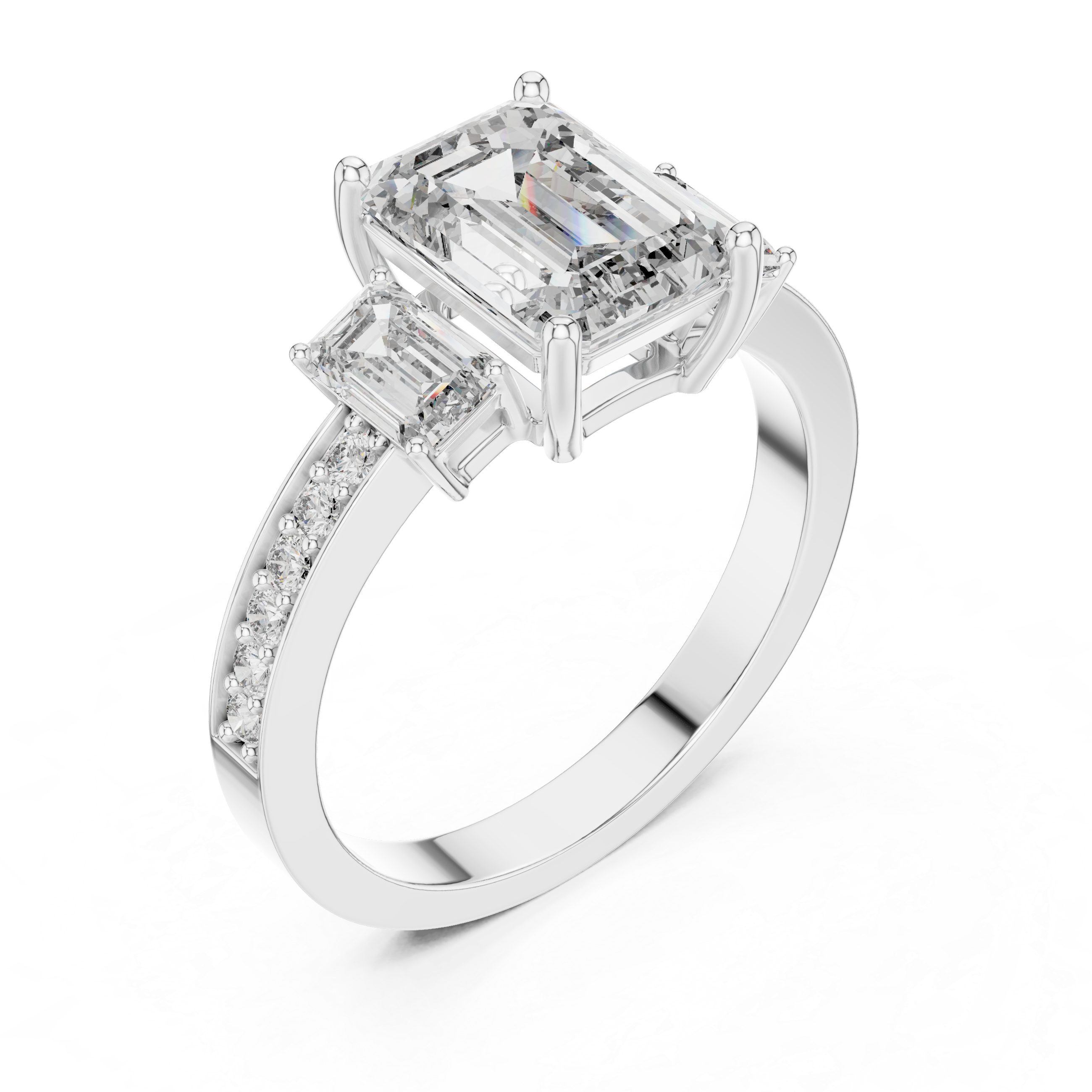 Designer Emerald Cut Diamond Engagement Ring with Diamond Shank