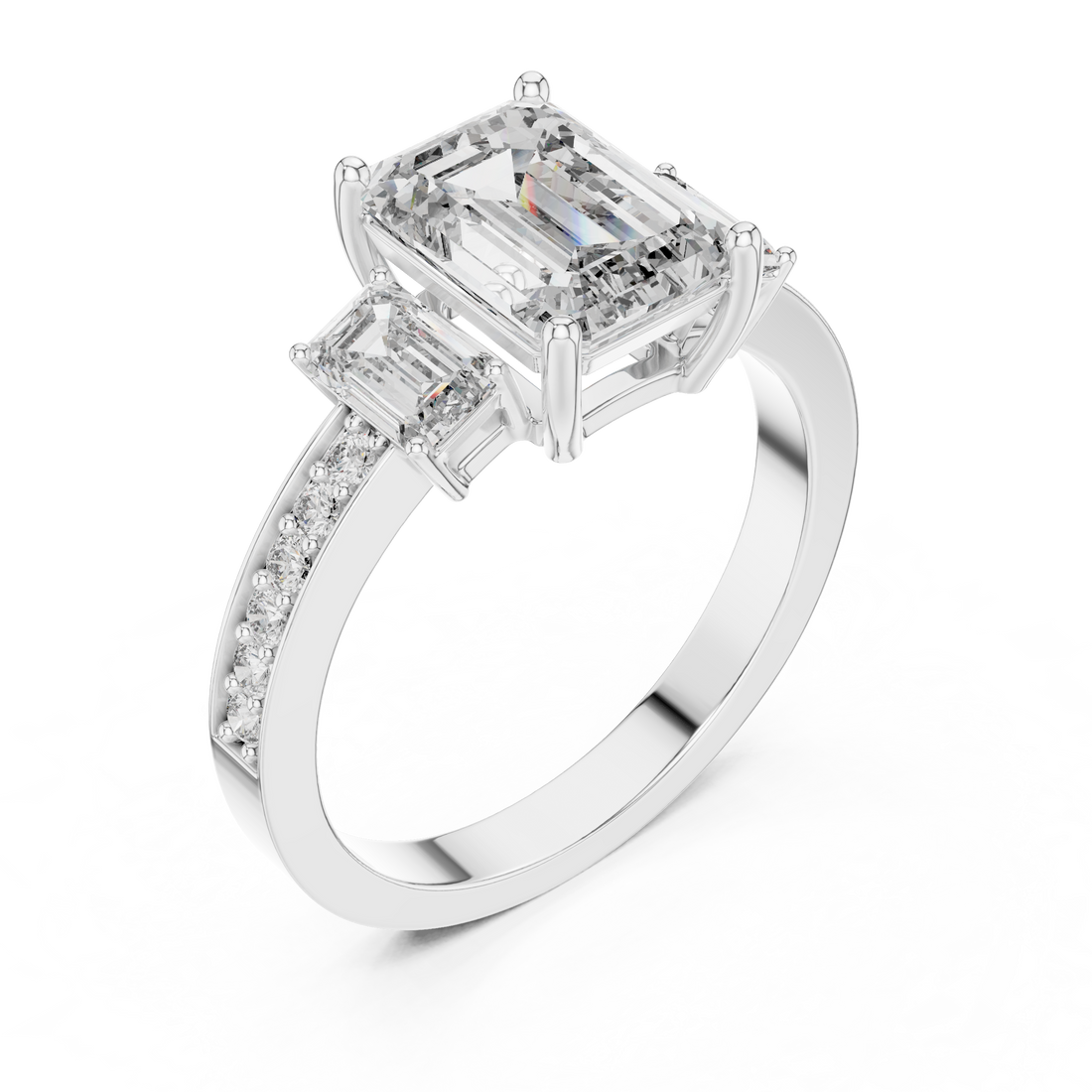 Designer Emerald Cut Diamond Engagement Ring with Diamond Shank