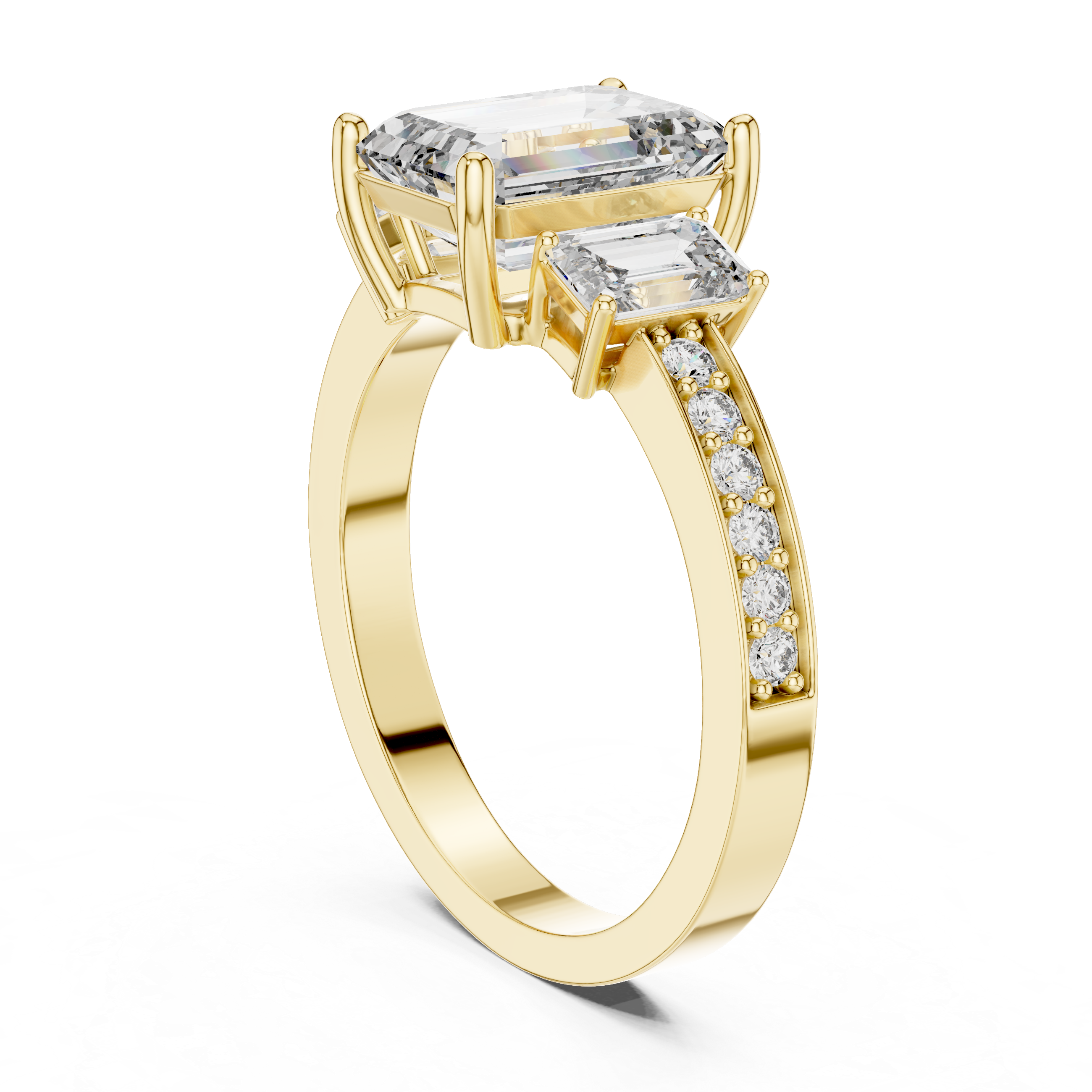 Designer Emerald Cut Diamond Engagement Ring with Diamond Shank