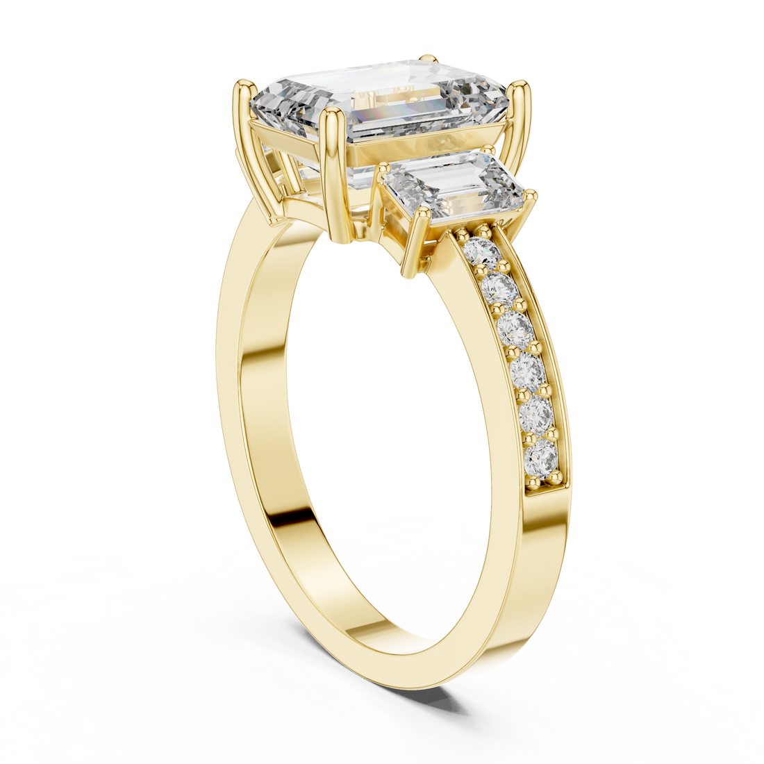 Designer Emerald Cut Diamond Engagement Ring with Diamond Shank