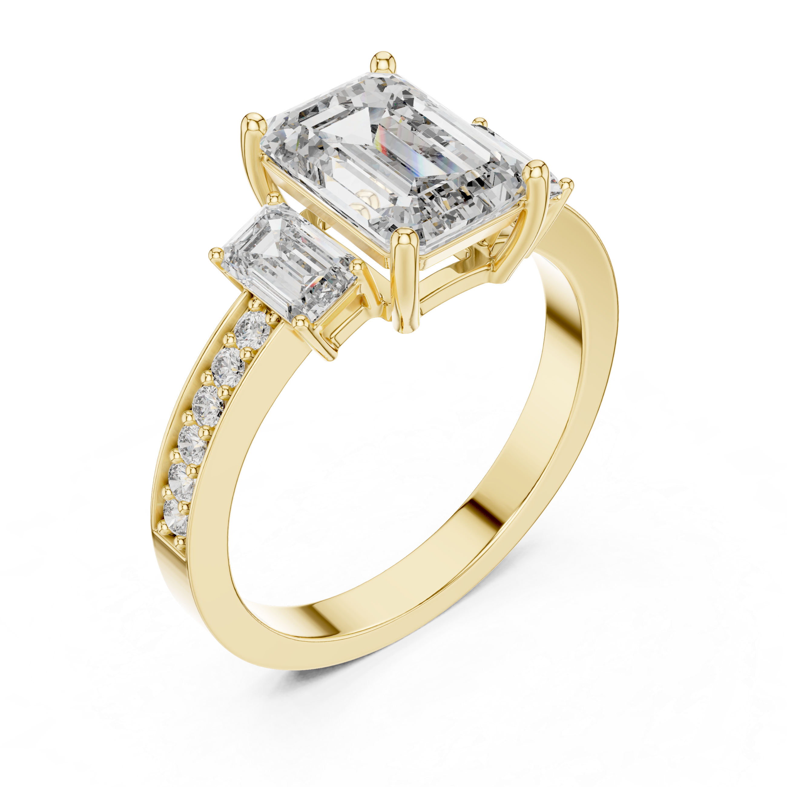 Designer Emerald Cut Diamond Engagement Ring with Diamond Shank