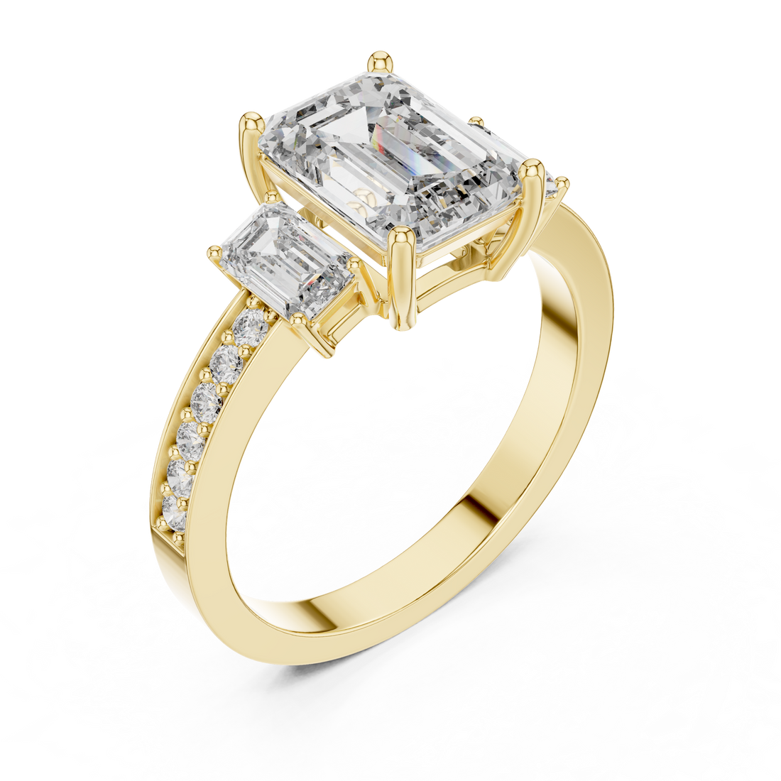Designer Emerald Cut Diamond Engagement Ring with Diamond Shank