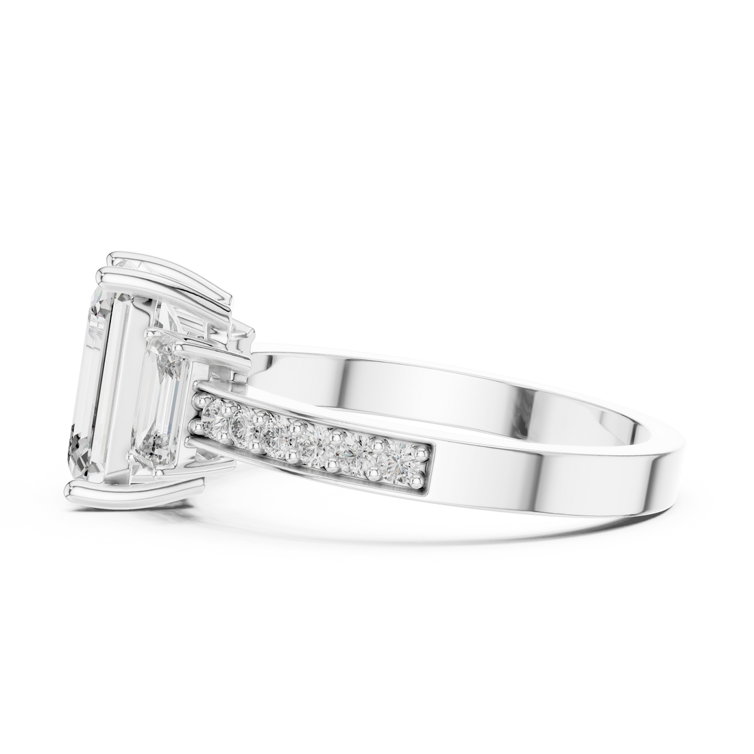 Designer Emerald Cut Diamond Engagement Ring with Diamond Shank