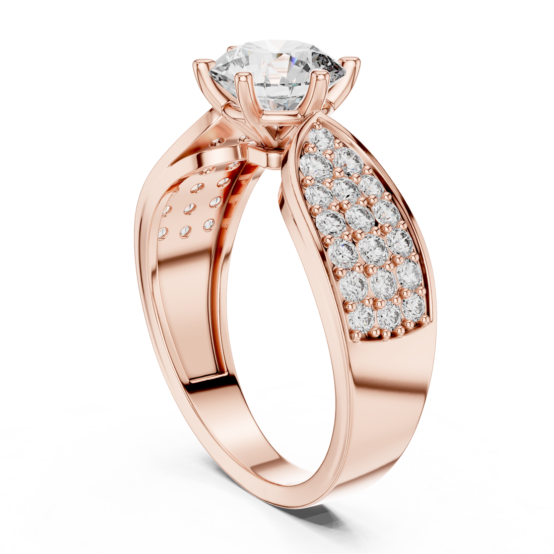 Stunning Round Diamond Ring with Bold Pave Shoulders in Gold