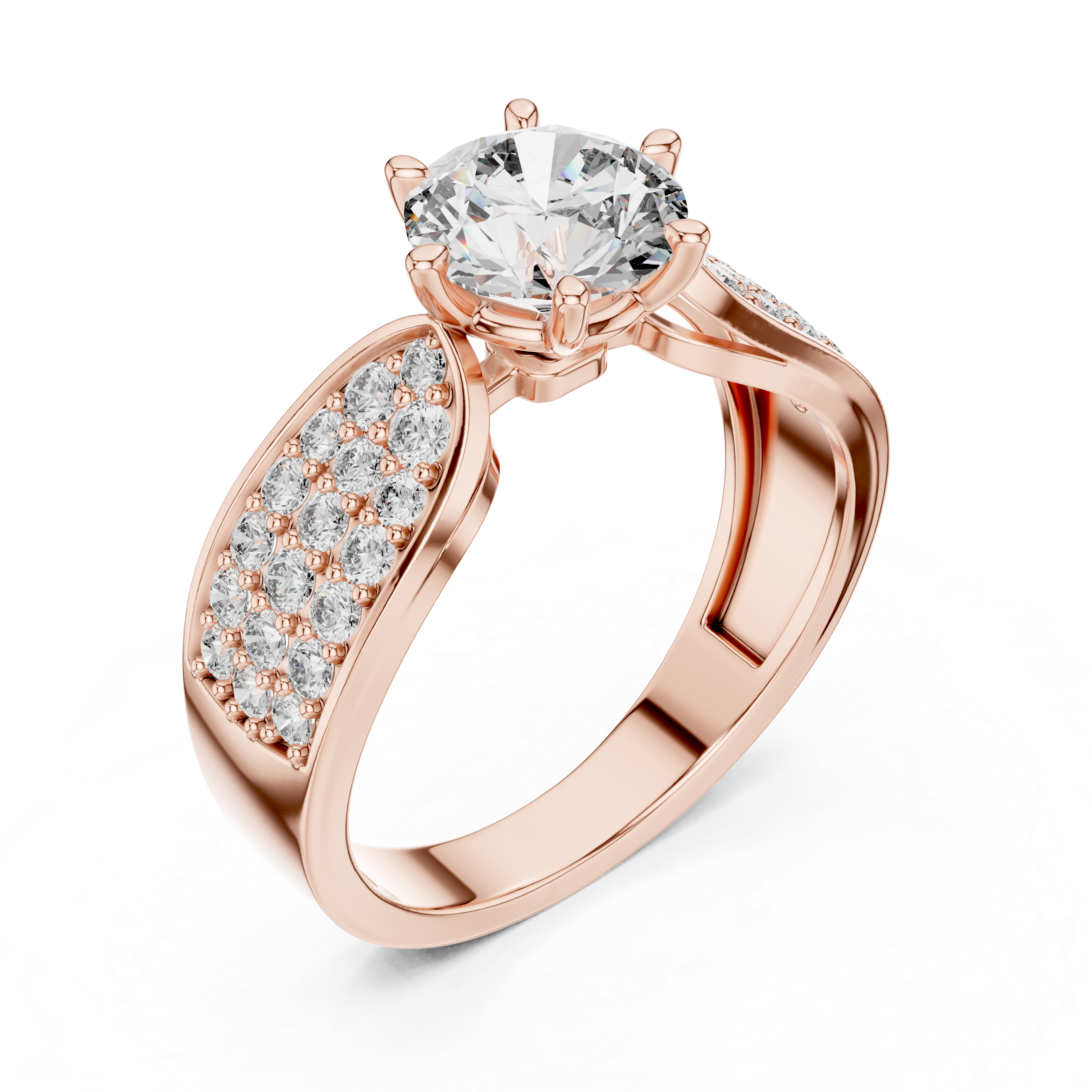 Stunning Round Diamond Ring with Bold Pave Shoulders in Gold