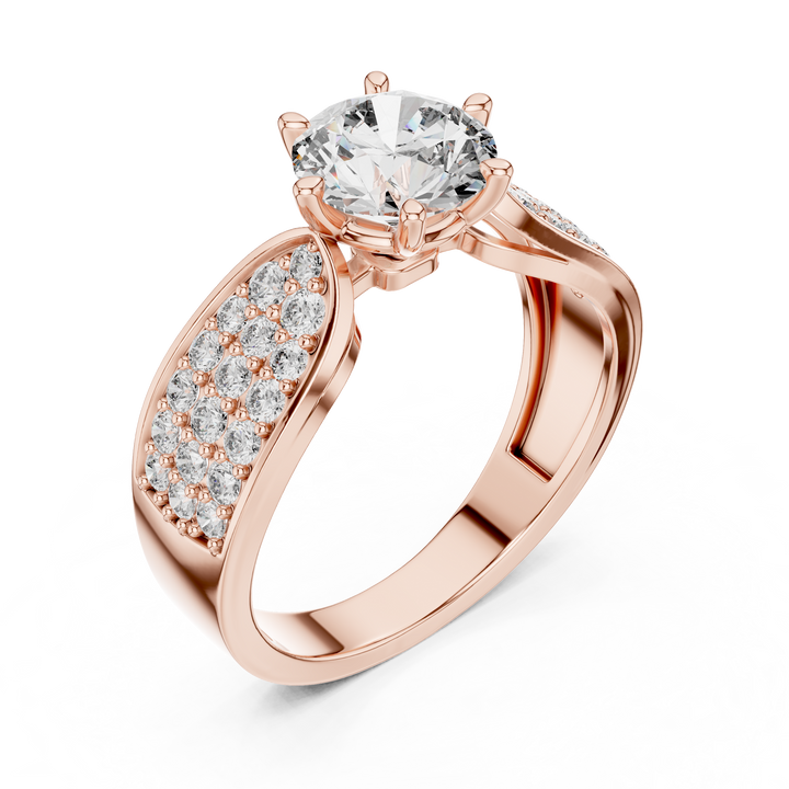 Stunning Round Diamond Ring with Bold Pave Shoulders in Gold