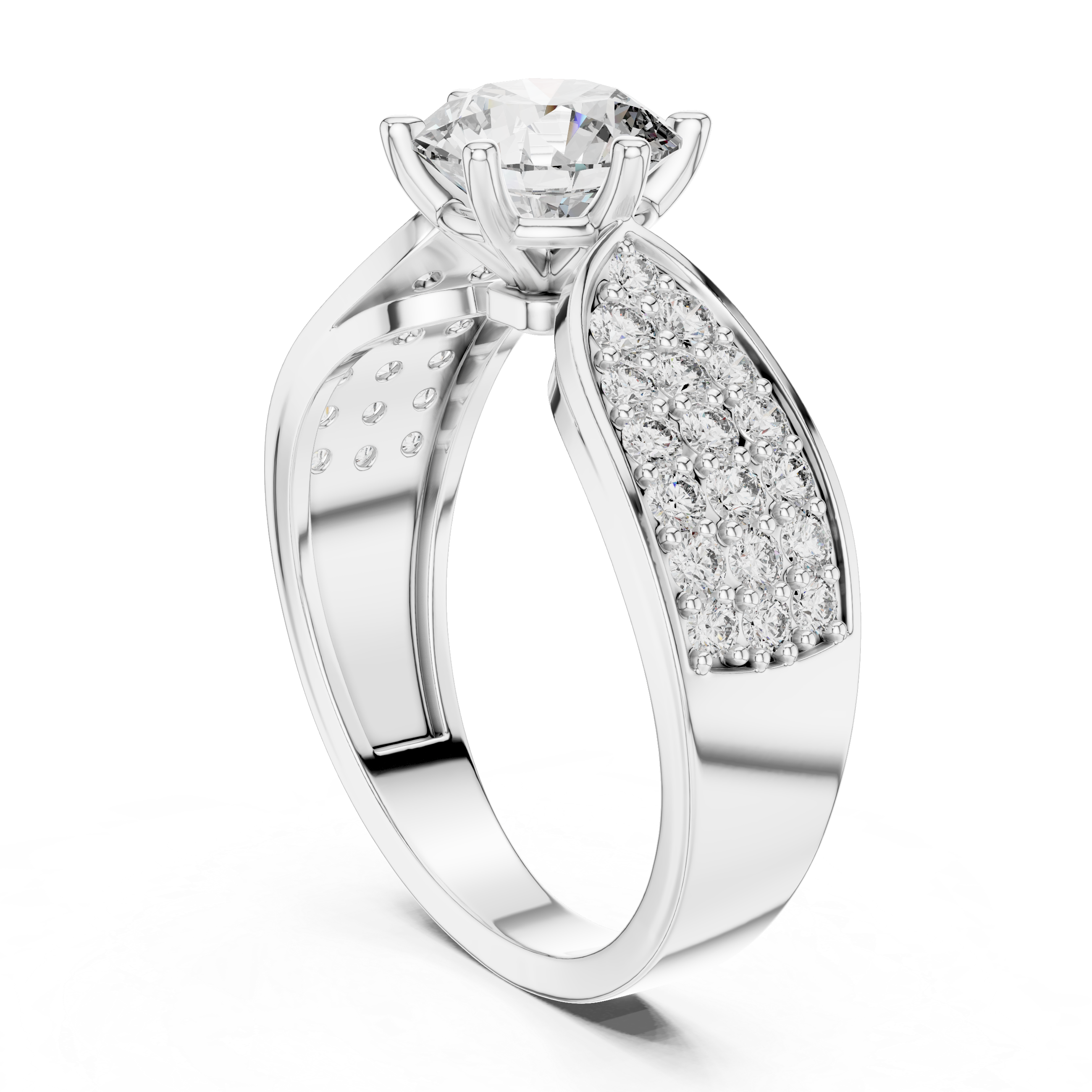Stunning Round Diamond Ring with Bold Pave Shoulders in Gold