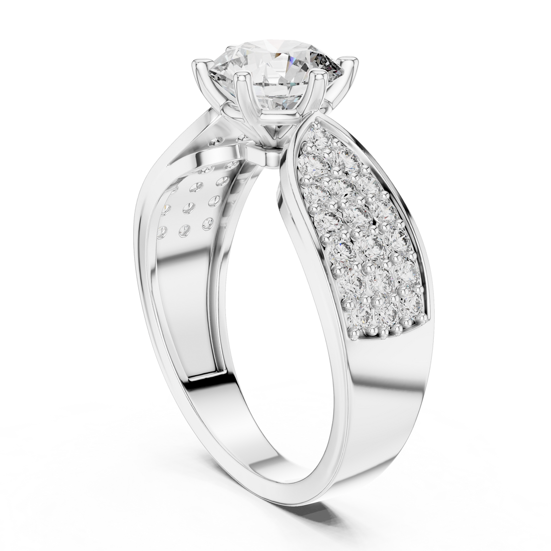 Stunning Round Diamond Ring with Bold Pave Shoulders in Gold