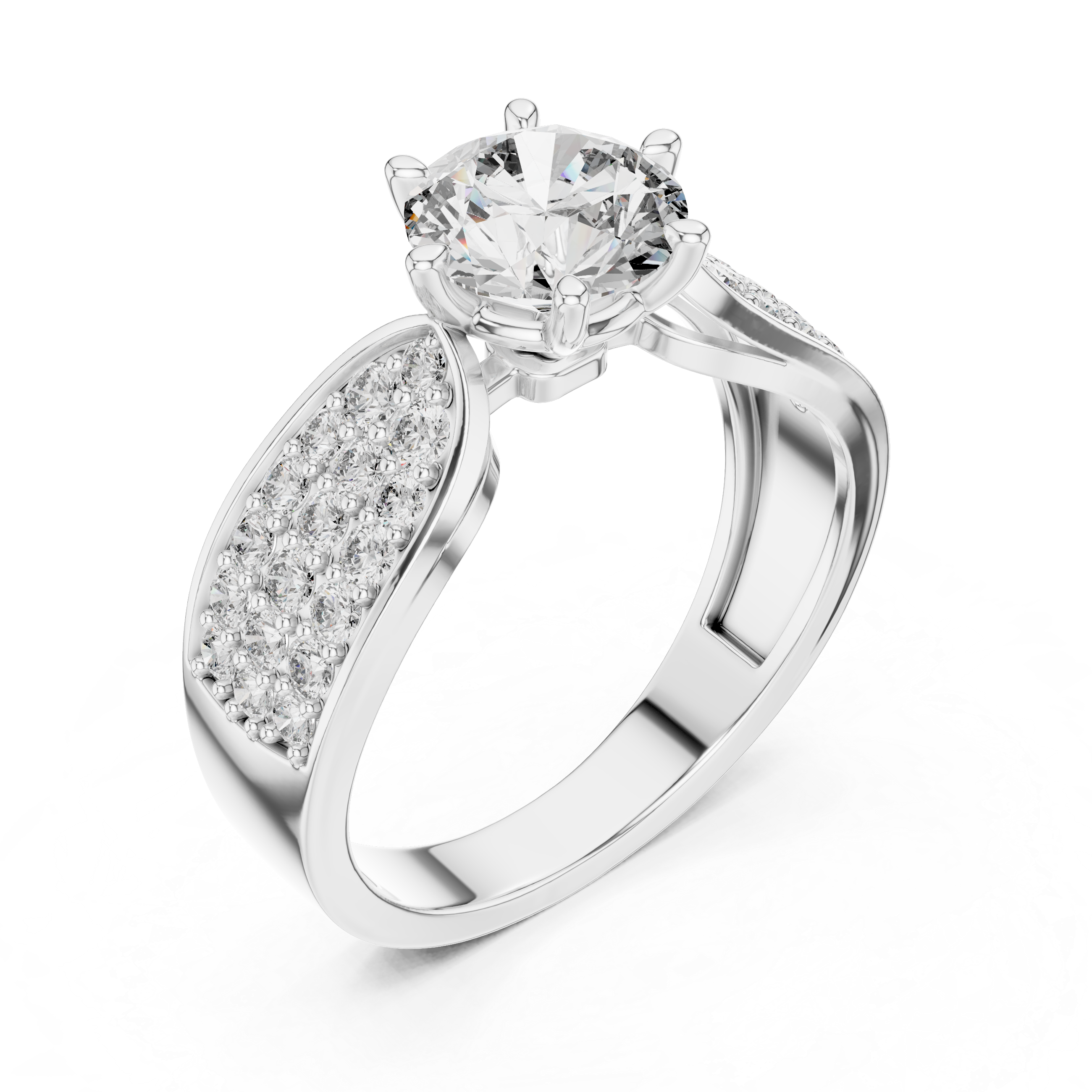 Stunning Round Diamond Ring with Bold Pave Shoulders in Gold