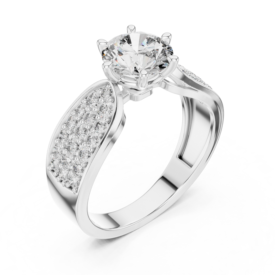 Stunning Round Diamond Ring with Bold Pave Shoulders in Gold