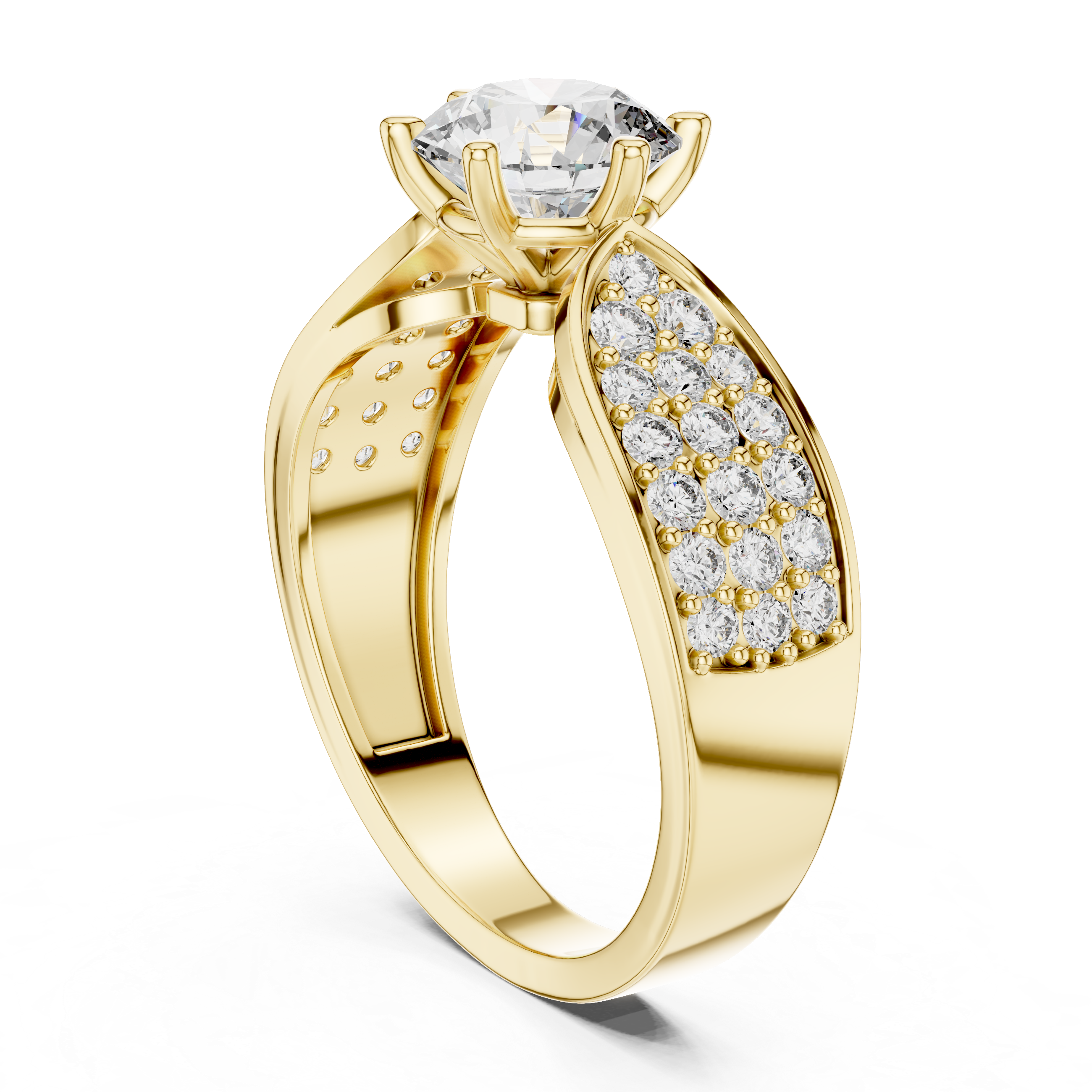 Stunning Round Diamond Ring with Bold Pave Shoulders in Gold