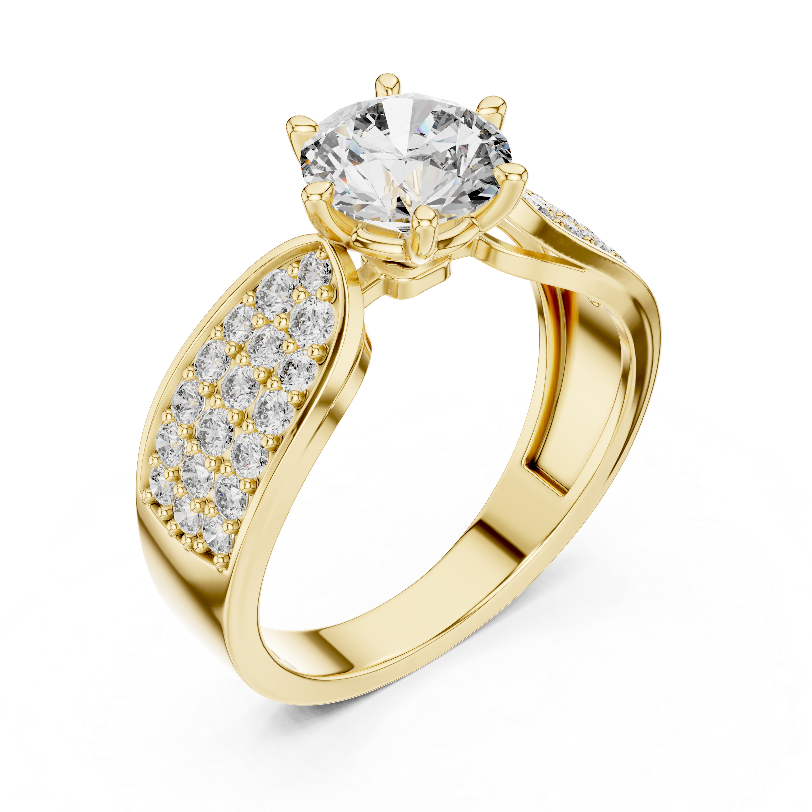 Stunning Round Diamond Ring with Bold Pave Shoulders in Gold
