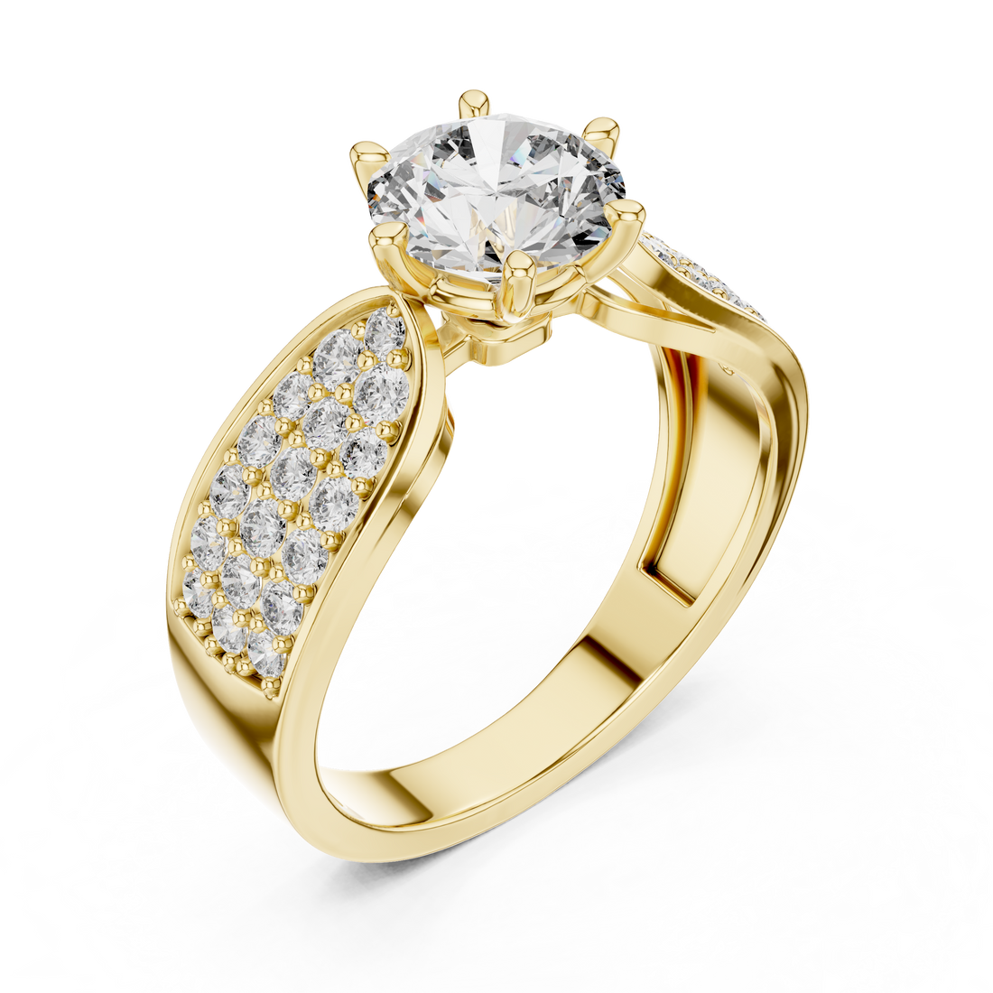 Stunning Round Diamond Ring with Bold Pave Shoulders in Gold