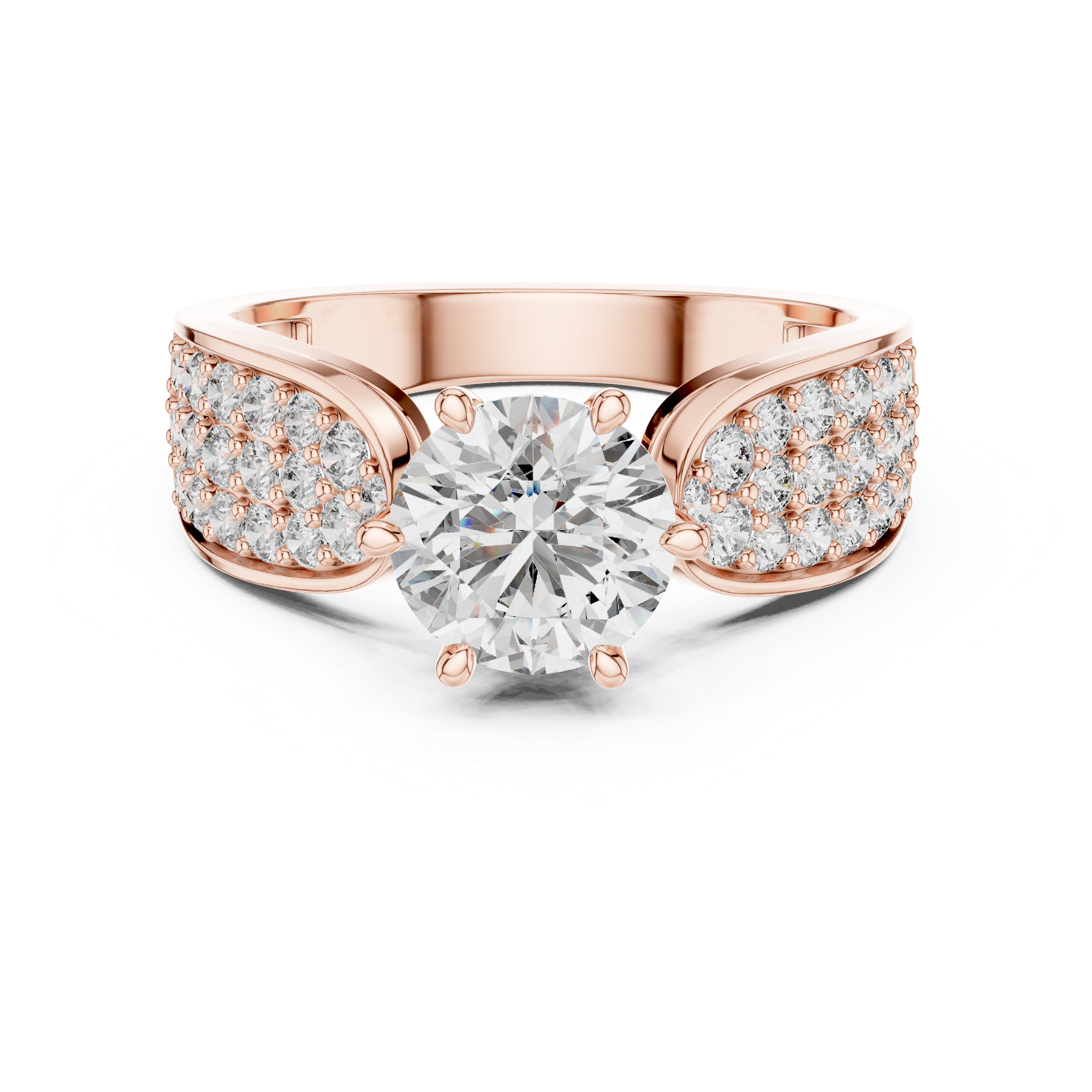Stunning Round Diamond Ring with Bold Pave Shoulders in Gold