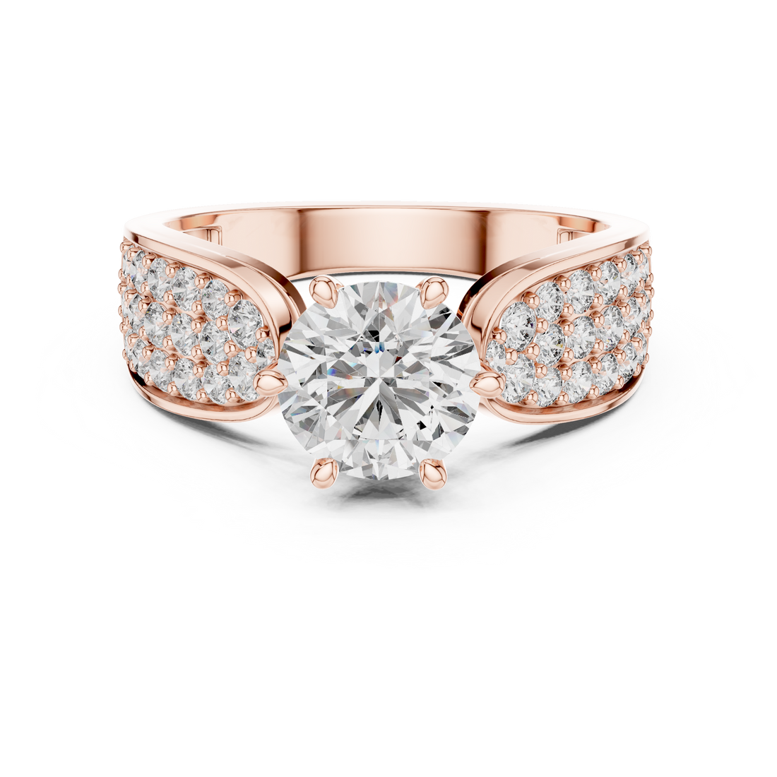 Stunning Round Diamond Ring with Bold Pave Shoulders in Gold