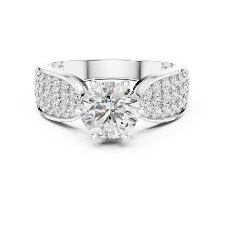 Stunning Round Diamond Ring with Bold Pave Shoulders in Gold