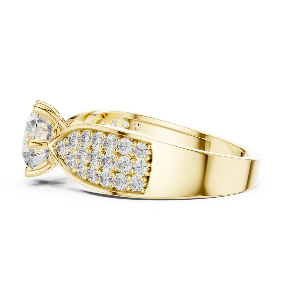 Stunning Round Diamond Ring with Bold Pave Shoulders in Gold