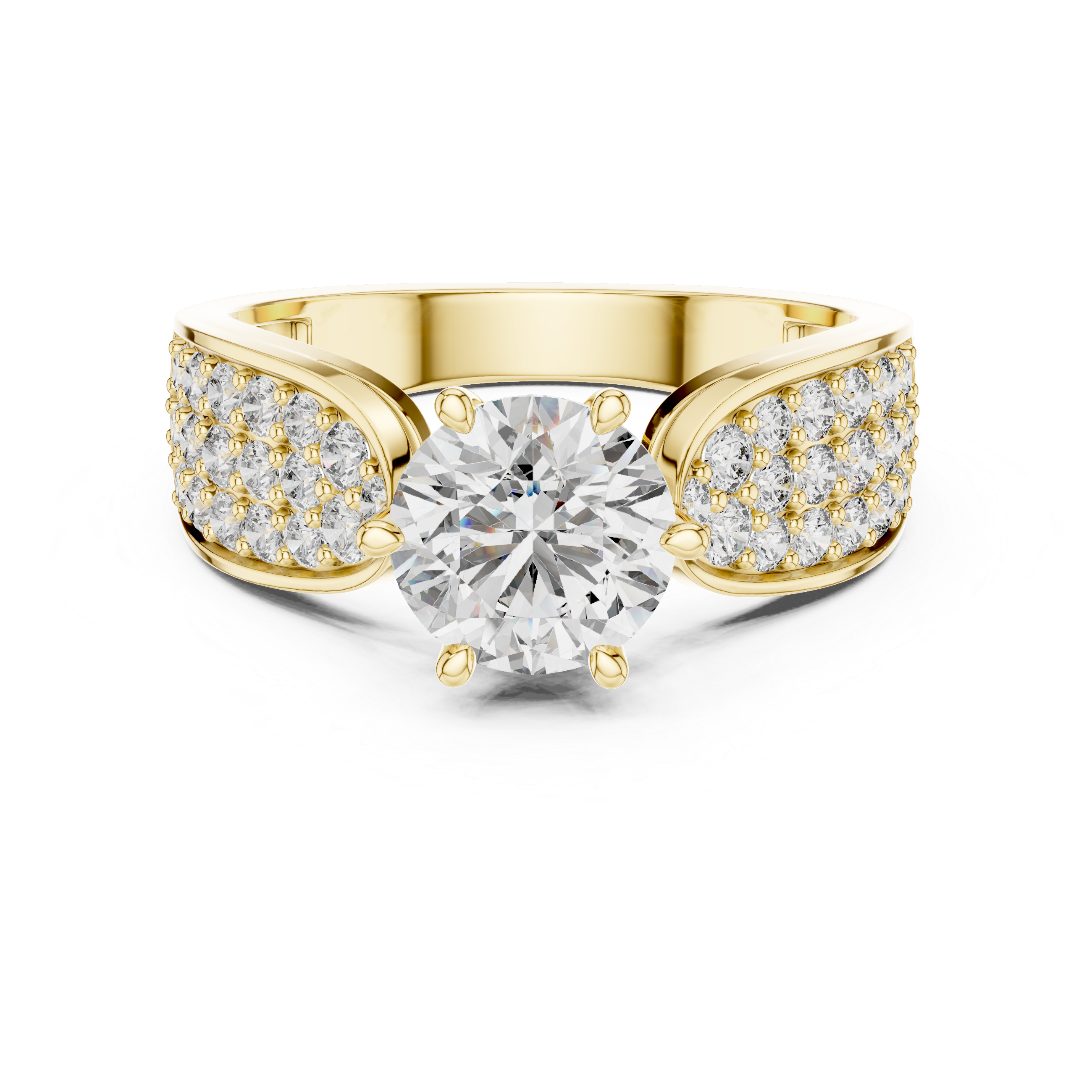 Stunning Round Diamond Ring with Bold Pave Shoulders in Gold
