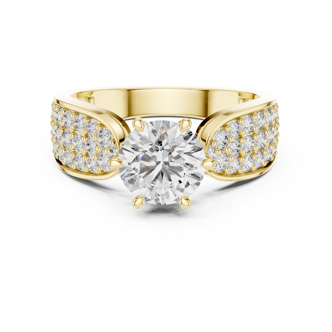 Stunning Round Diamond Ring with Bold Pave Shoulders in Gold