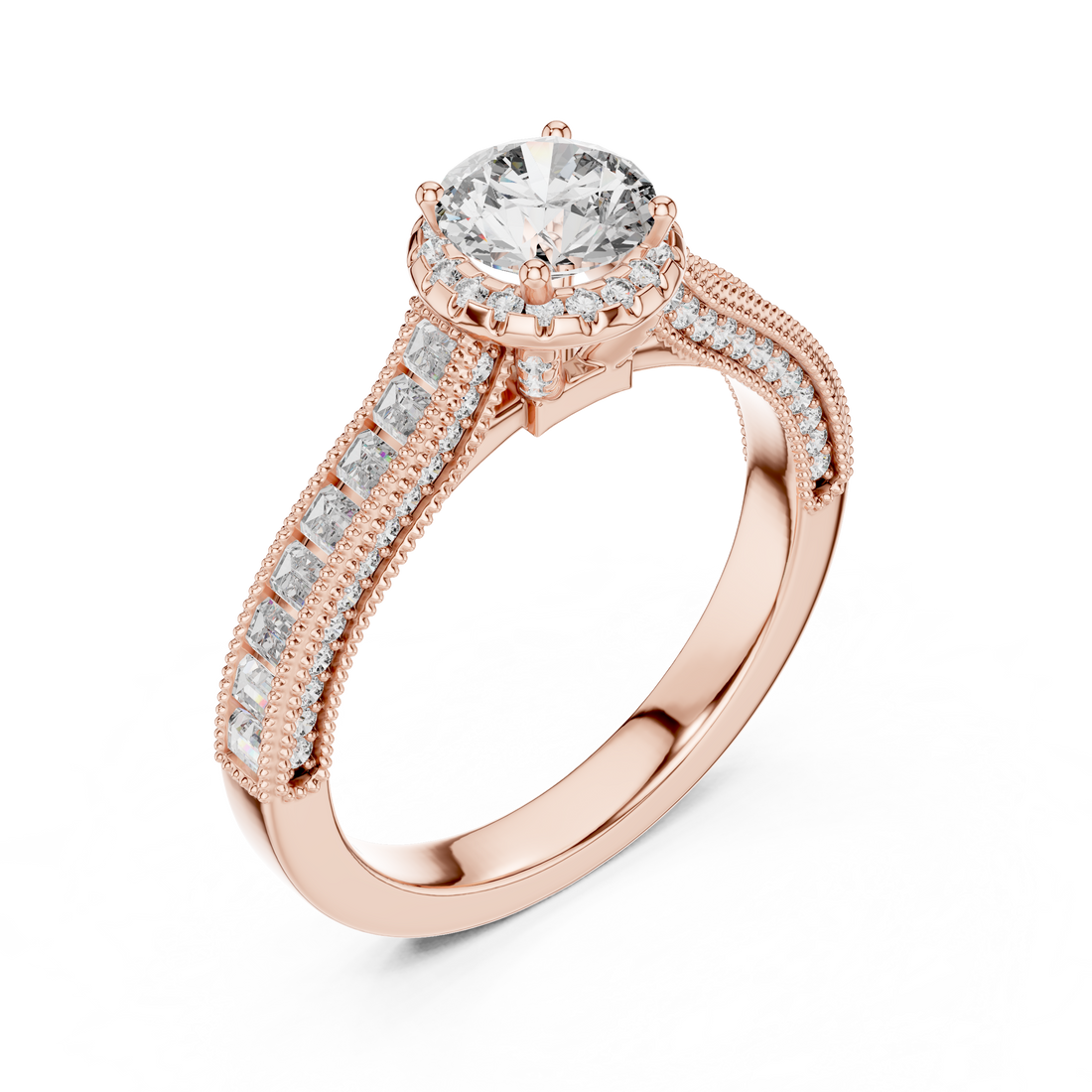 Classic Round Diamond Halo Ring with Prong Setting Design