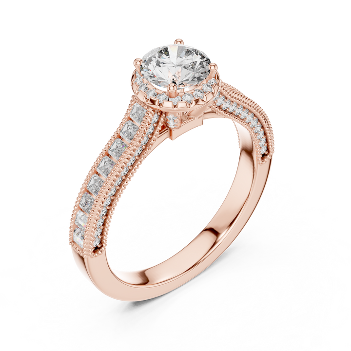 Classic Round Diamond Halo Ring with Prong Setting Design