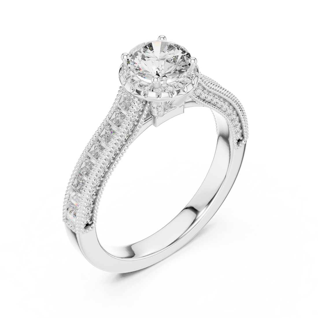 Classic Round Diamond Halo Ring with Prong Setting Design