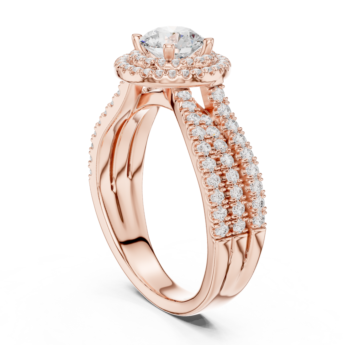 Double Halo Round Diamond Ring with Split Pavé Shank – Elegant Bridal Ring