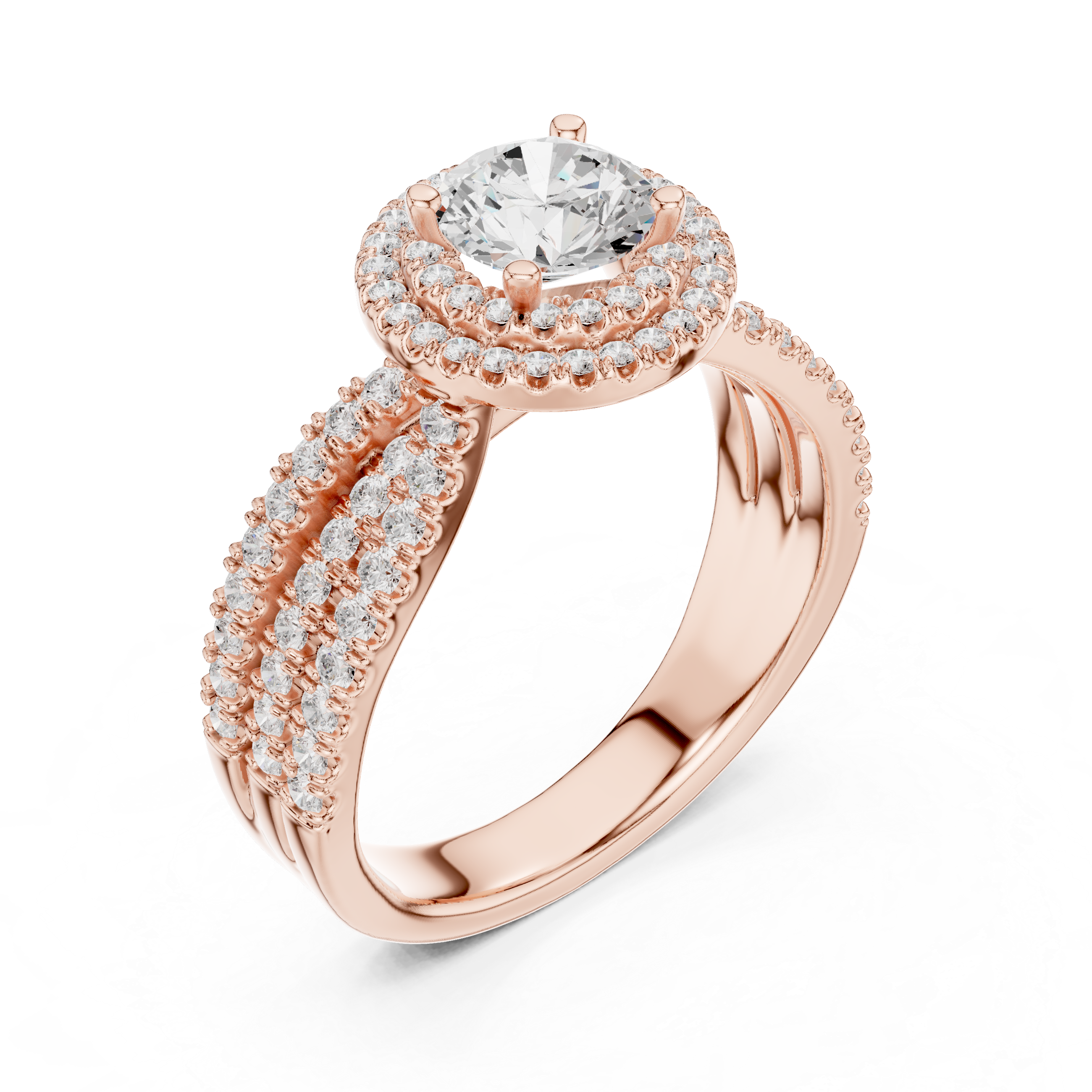 Double Halo Round Diamond Ring with Split Pavé Shank – Elegant Bridal Ring