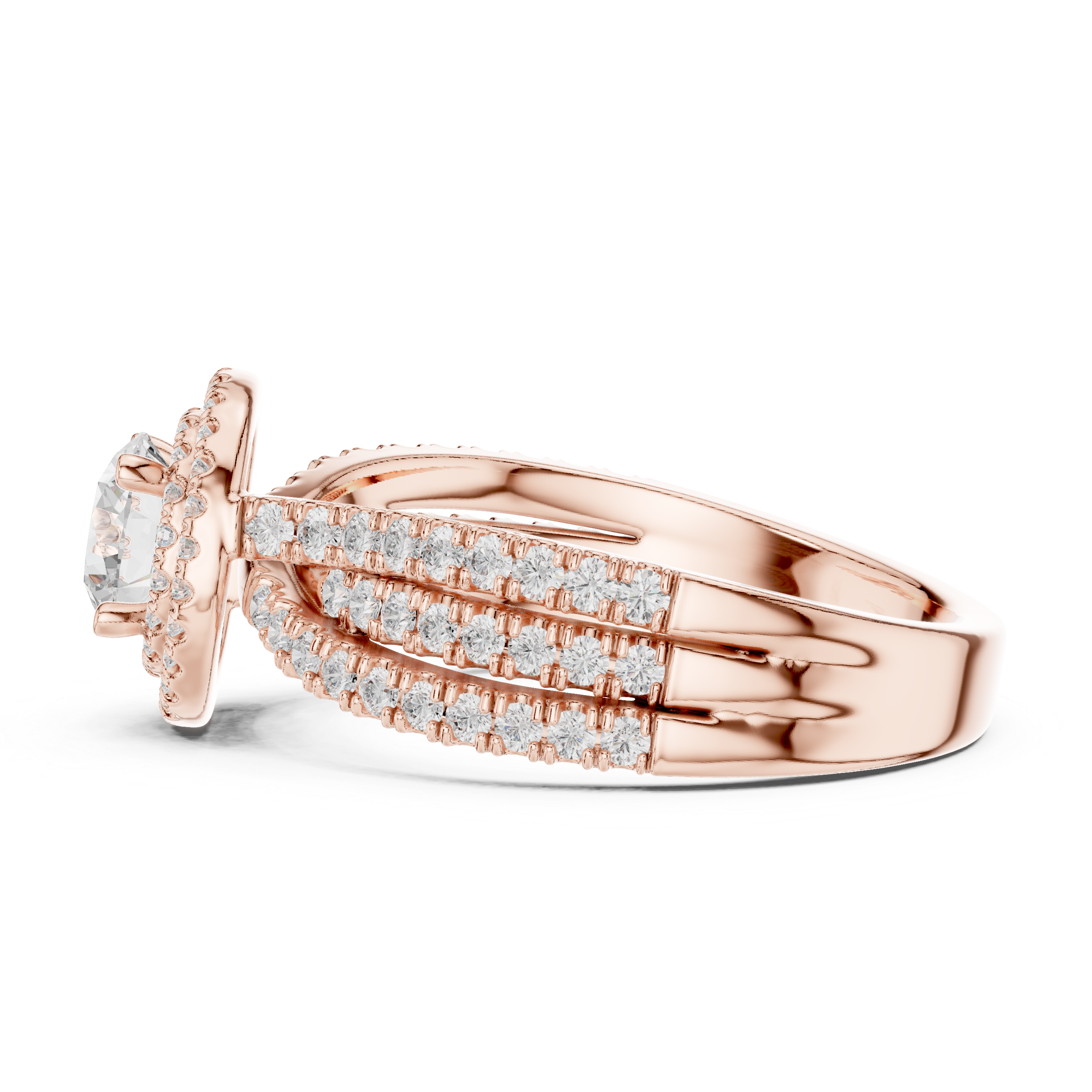 Double Halo Round Diamond Ring with Split Pavé Shank – Elegant Bridal Ring