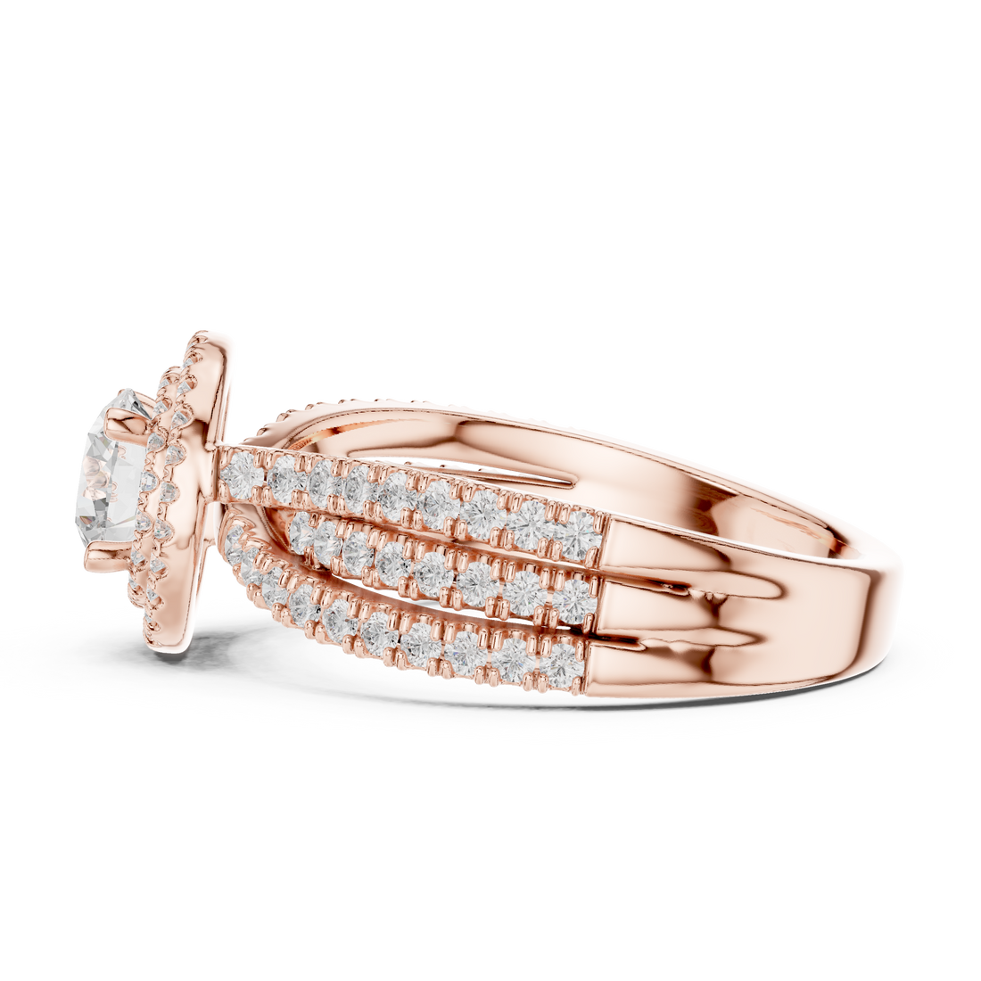 Double Halo Round Diamond Ring with Split Pavé Shank – Elegant Bridal Ring