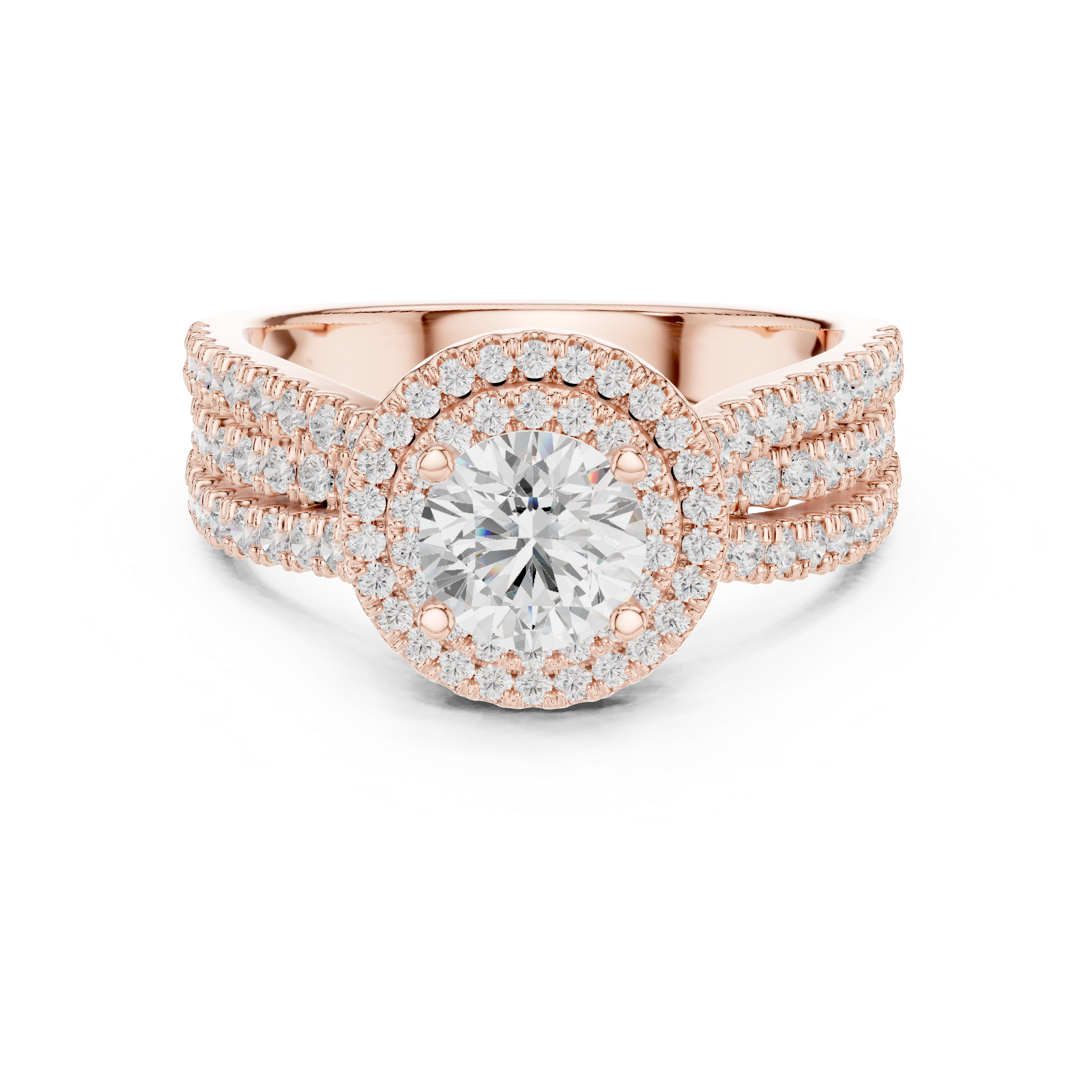 Double Halo Round Diamond Ring with Split Pavé Shank – Elegant Bridal Ring
