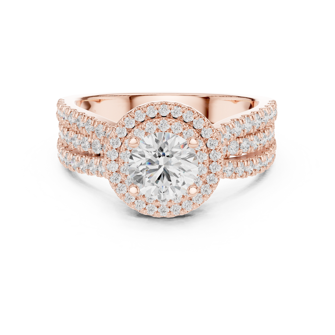 Double Halo Round Diamond Ring with Split Pavé Shank – Elegant Bridal Ring