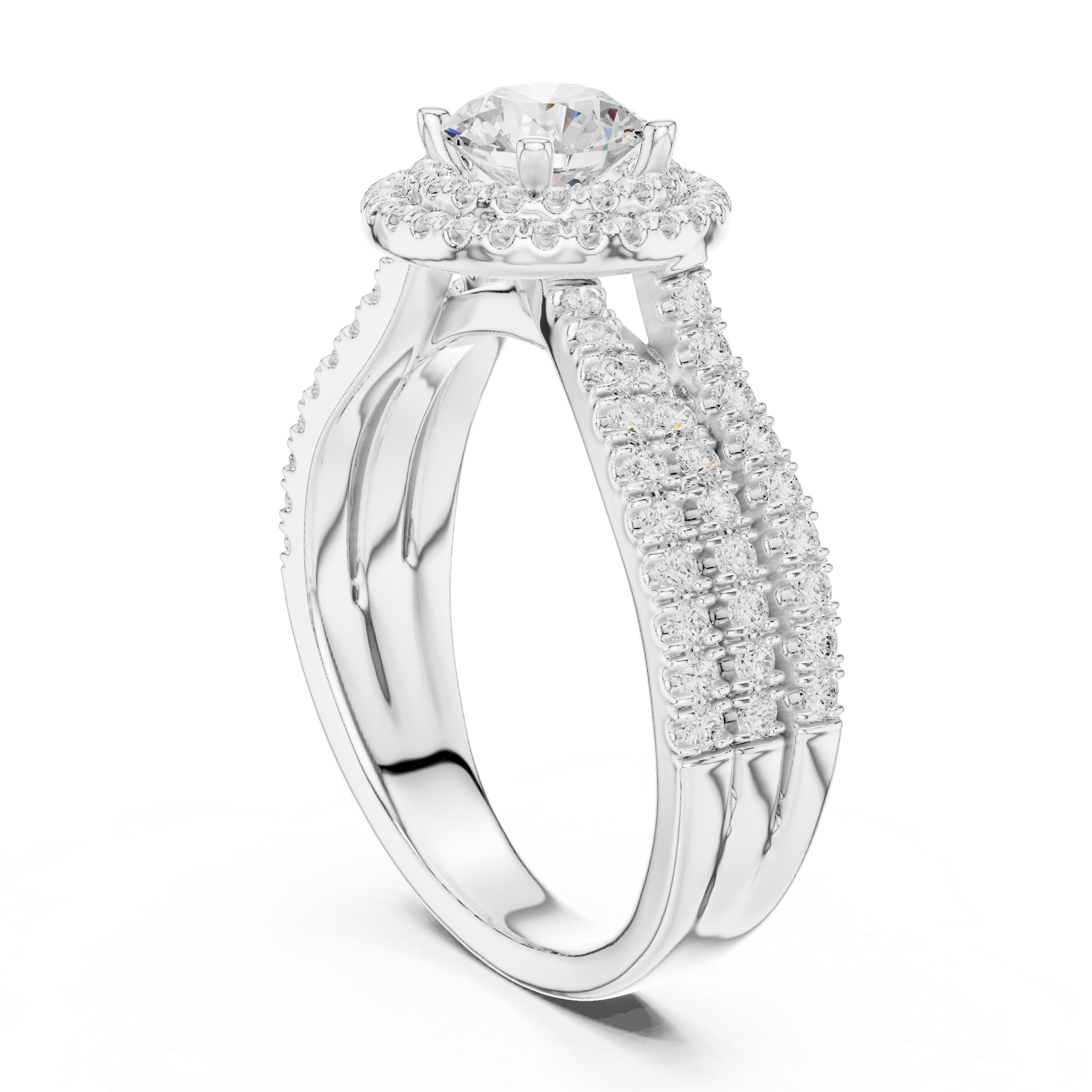 Double Halo Round Diamond Ring with Split Pavé Shank – Elegant Bridal Ring