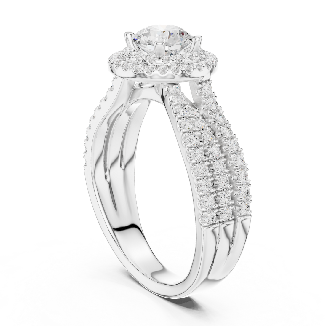 Double Halo Round Diamond Ring with Split Pavé Shank – Elegant Bridal Ring