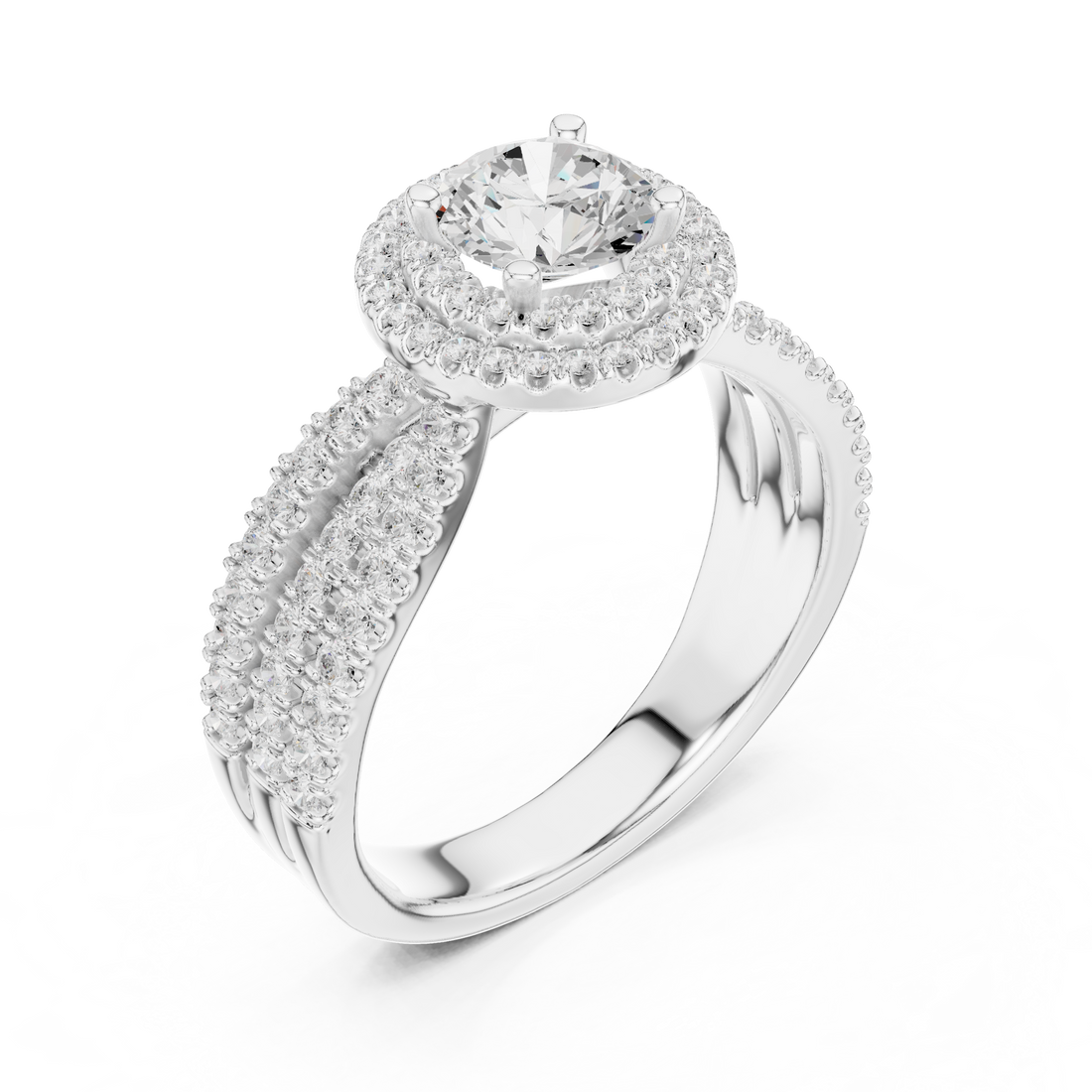 Double Halo Round Diamond Ring with Split Pavé Shank – Elegant Bridal Ring