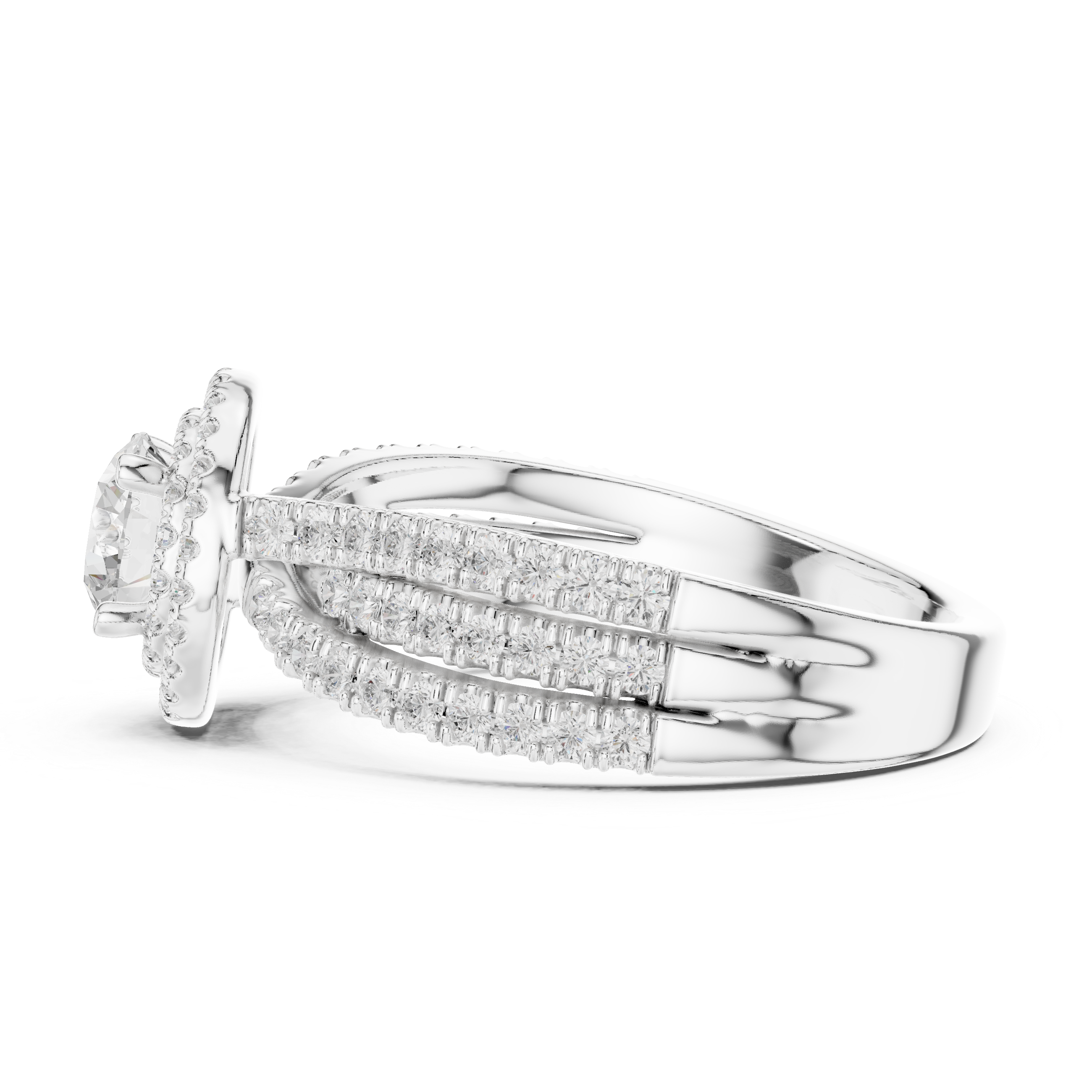 Double Halo Round Diamond Ring with Split Pavé Shank – Elegant Bridal Ring
