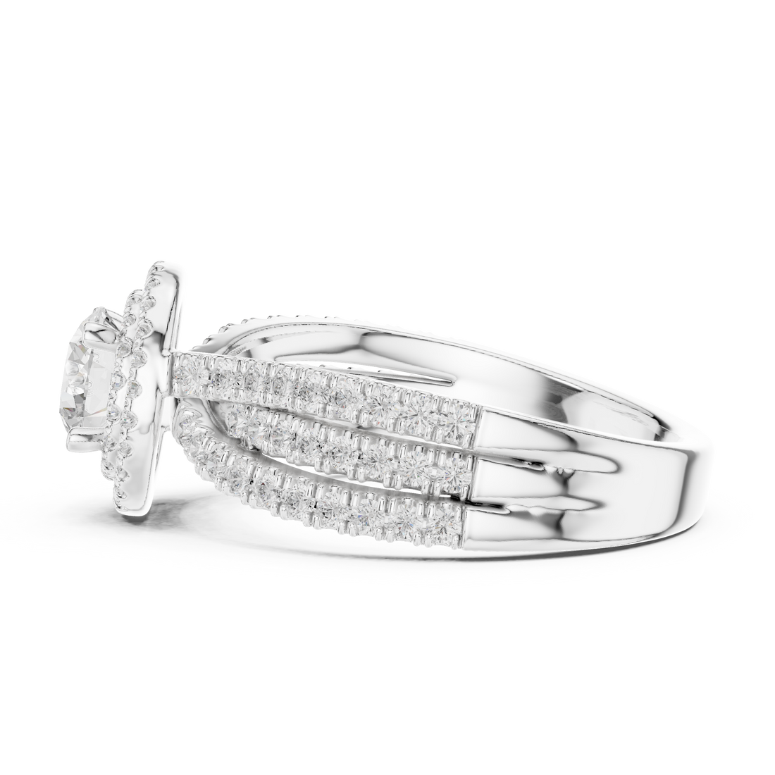 Double Halo Round Diamond Ring with Split Pavé Shank – Elegant Bridal Ring