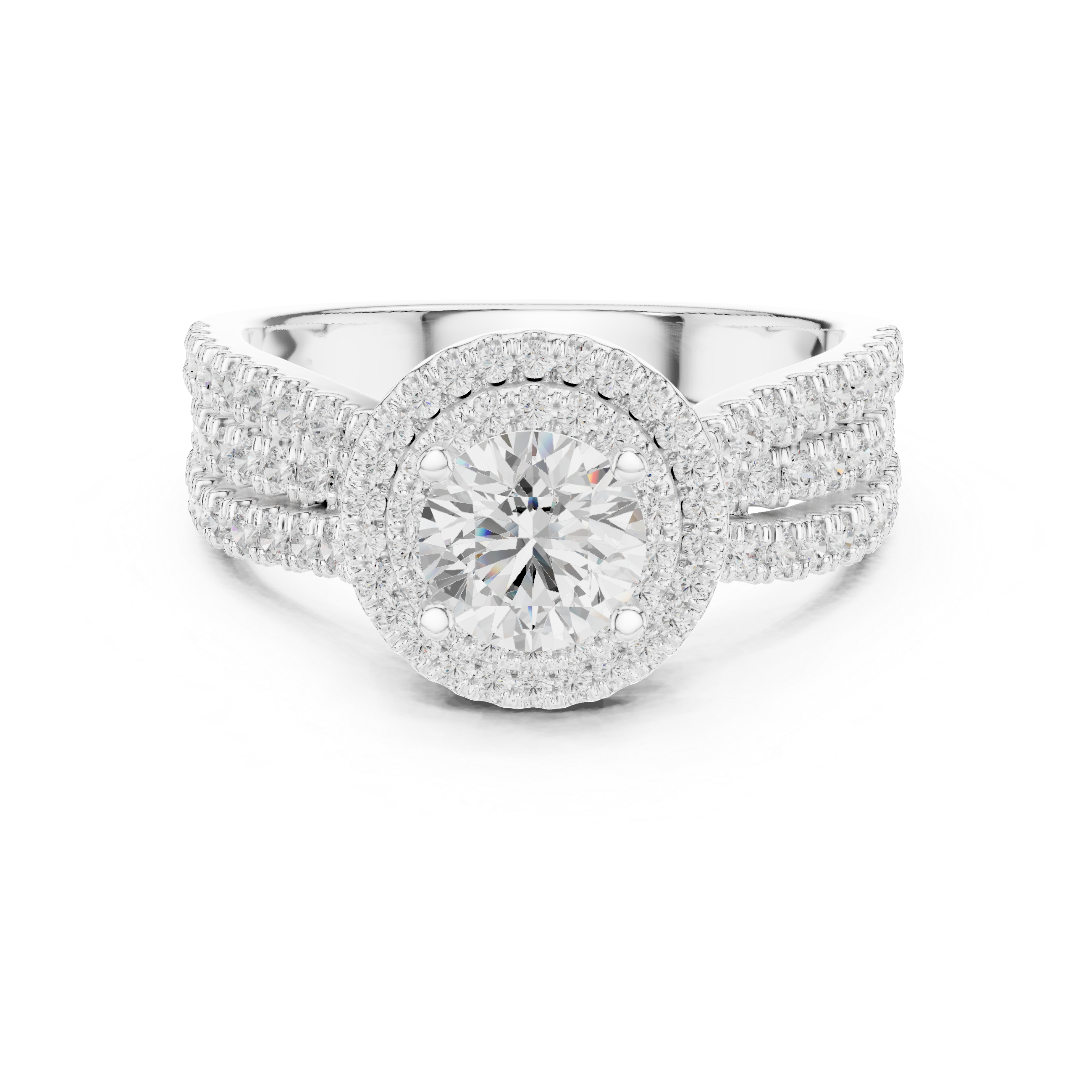 Double Halo Round Diamond Ring with Split Pavé Shank – Elegant Bridal Ring