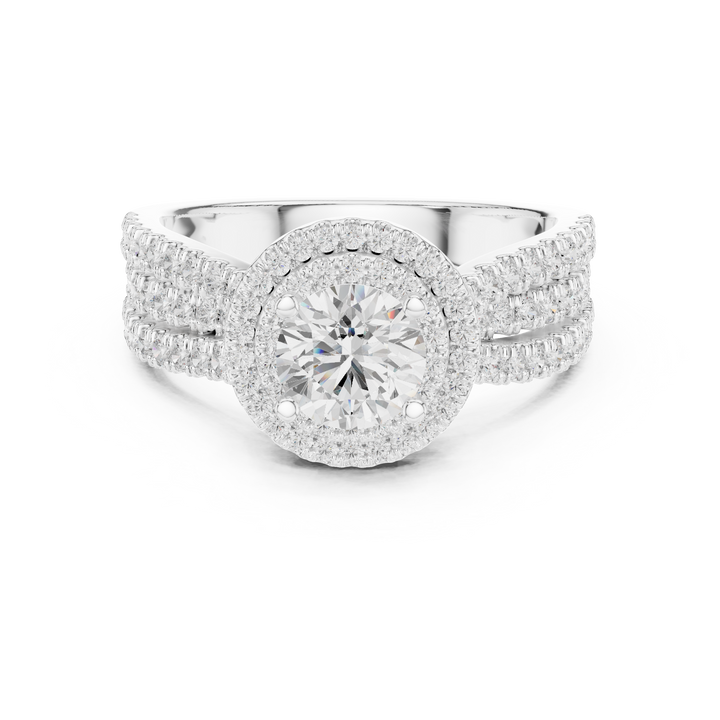 Double Halo Round Diamond Ring with Split Pavé Shank – Elegant Bridal Ring