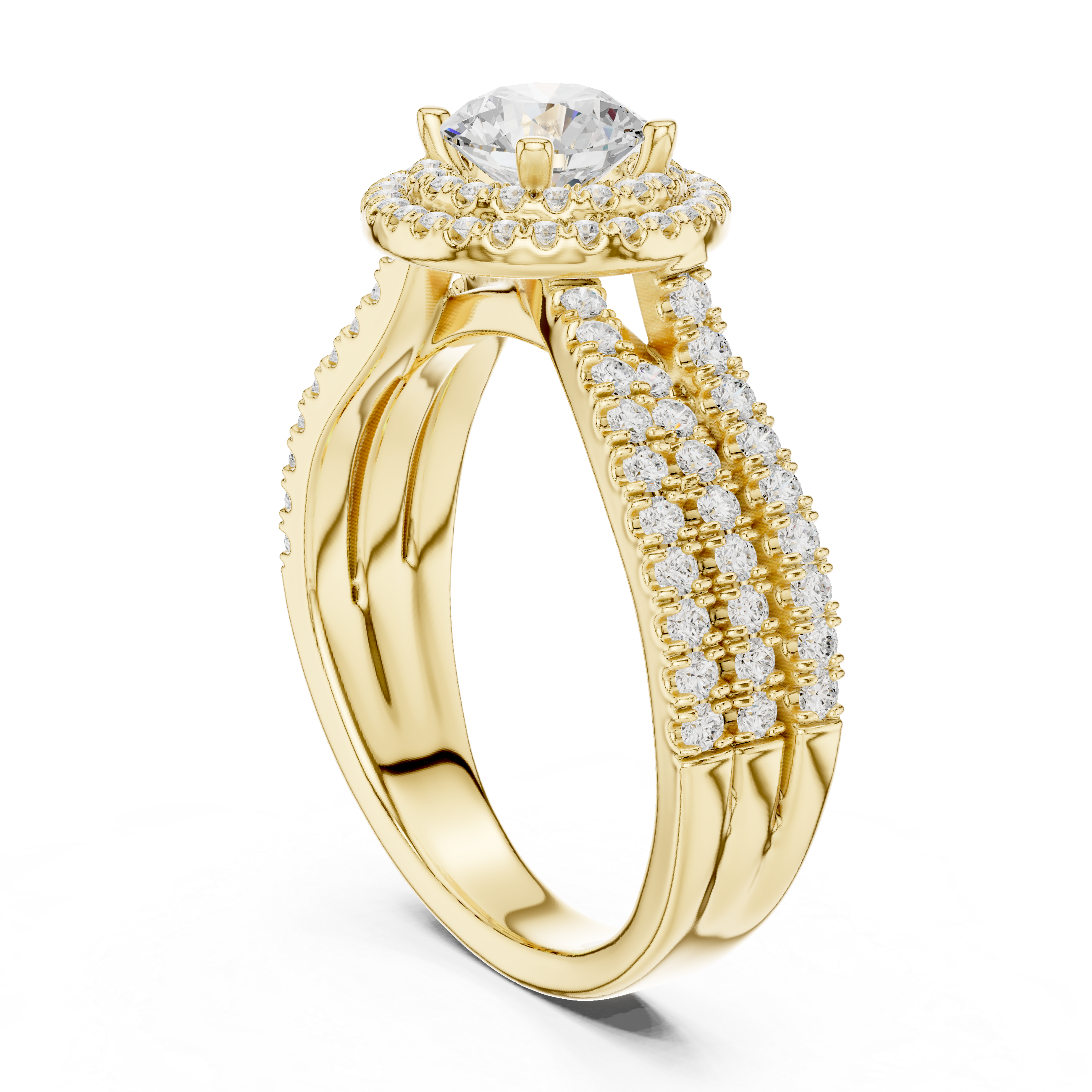 Double Halo Round Diamond Ring with Split Pavé Shank – Elegant Bridal Ring