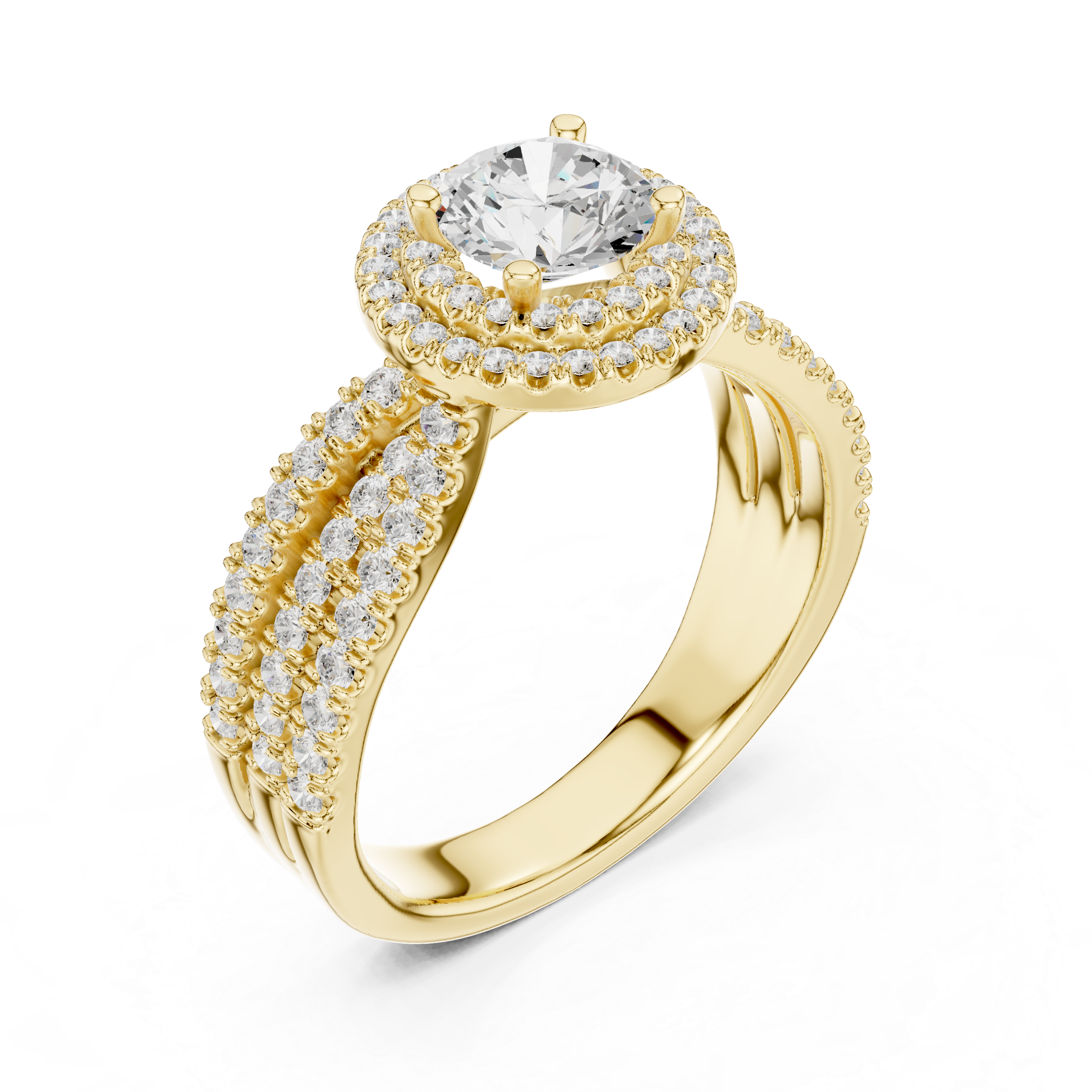 Double Halo Round Diamond Ring with Split Pavé Shank – Elegant Bridal Ring