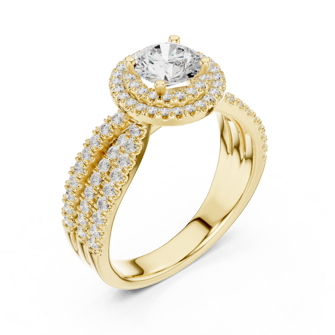 Double Halo Round Diamond Ring with Split Pavé Shank – Elegant Bridal Ring