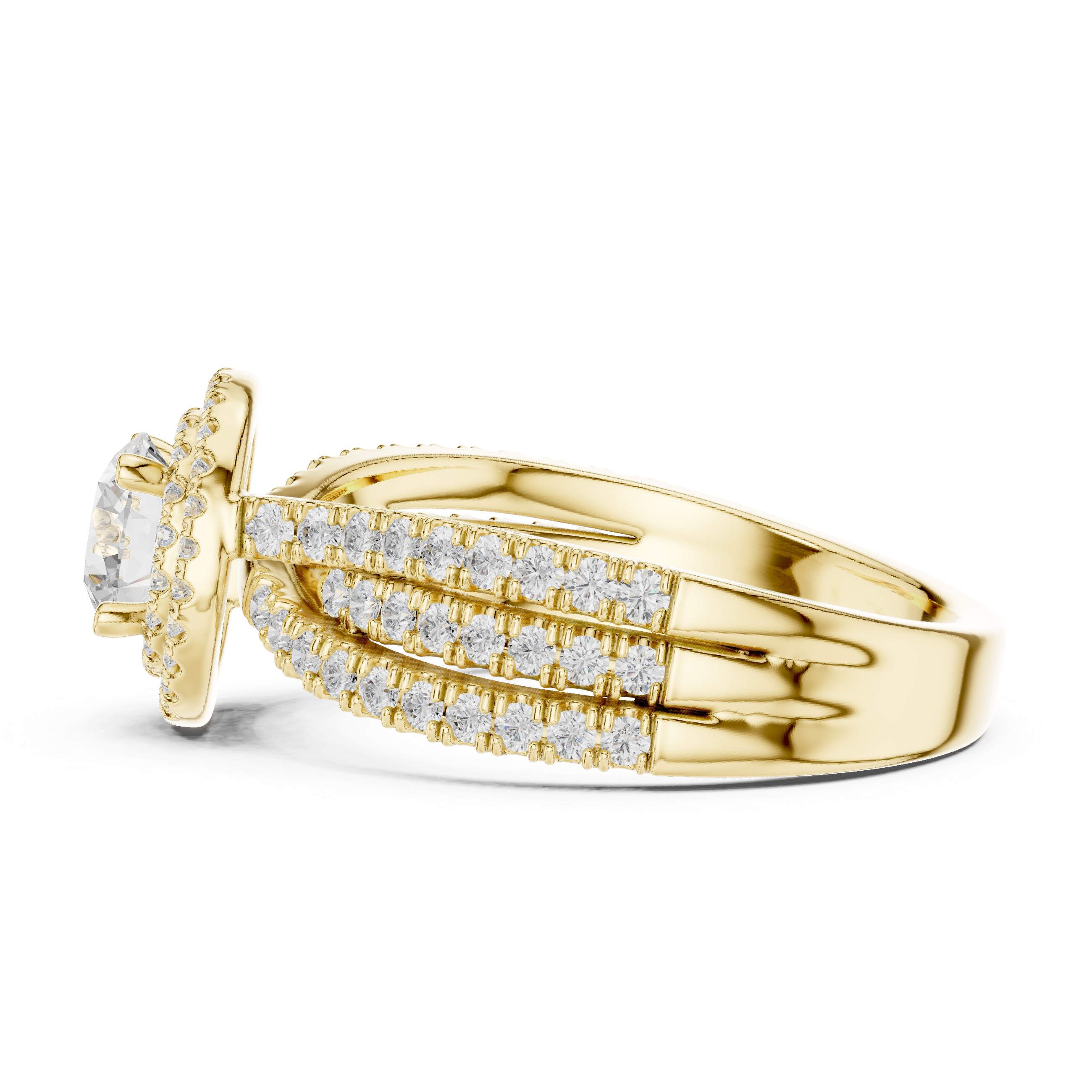 Double Halo Round Diamond Ring with Split Pavé Shank – Elegant Bridal Ring