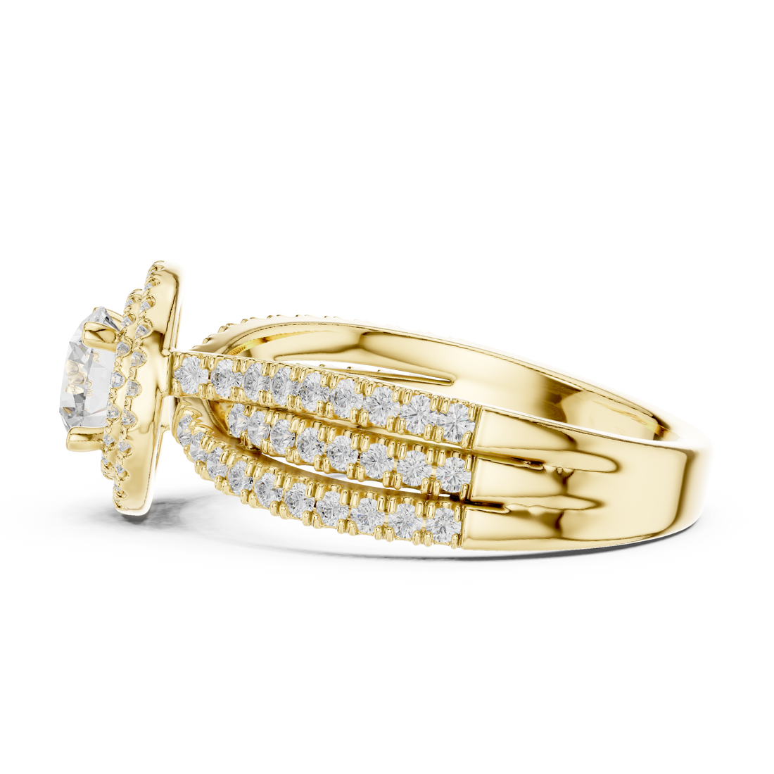 Double Halo Round Diamond Ring with Split Pavé Shank – Elegant Bridal Ring